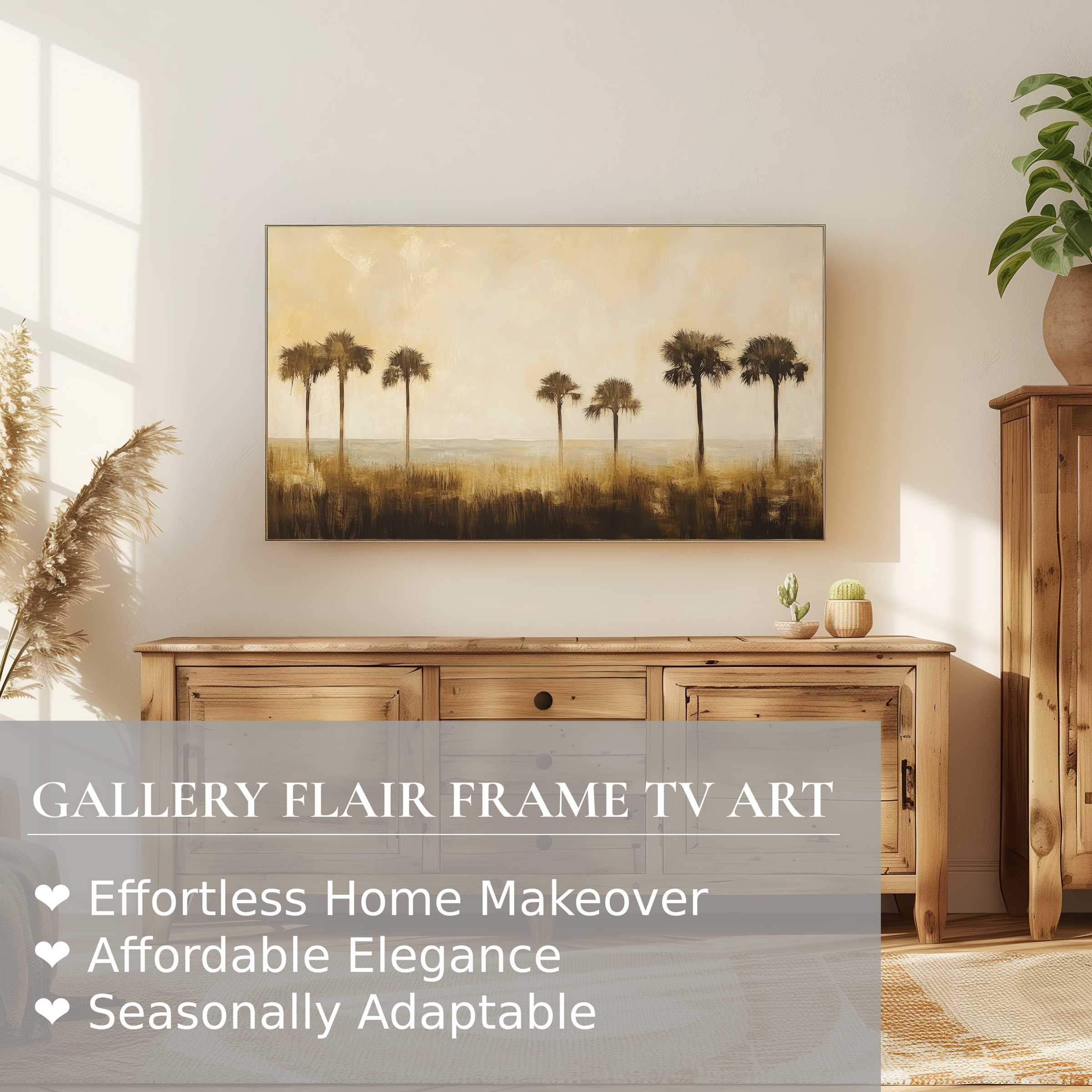 Samsung Frame TV displaying coastal digital artwork of palm trees, enhancing modern, elegant home decor