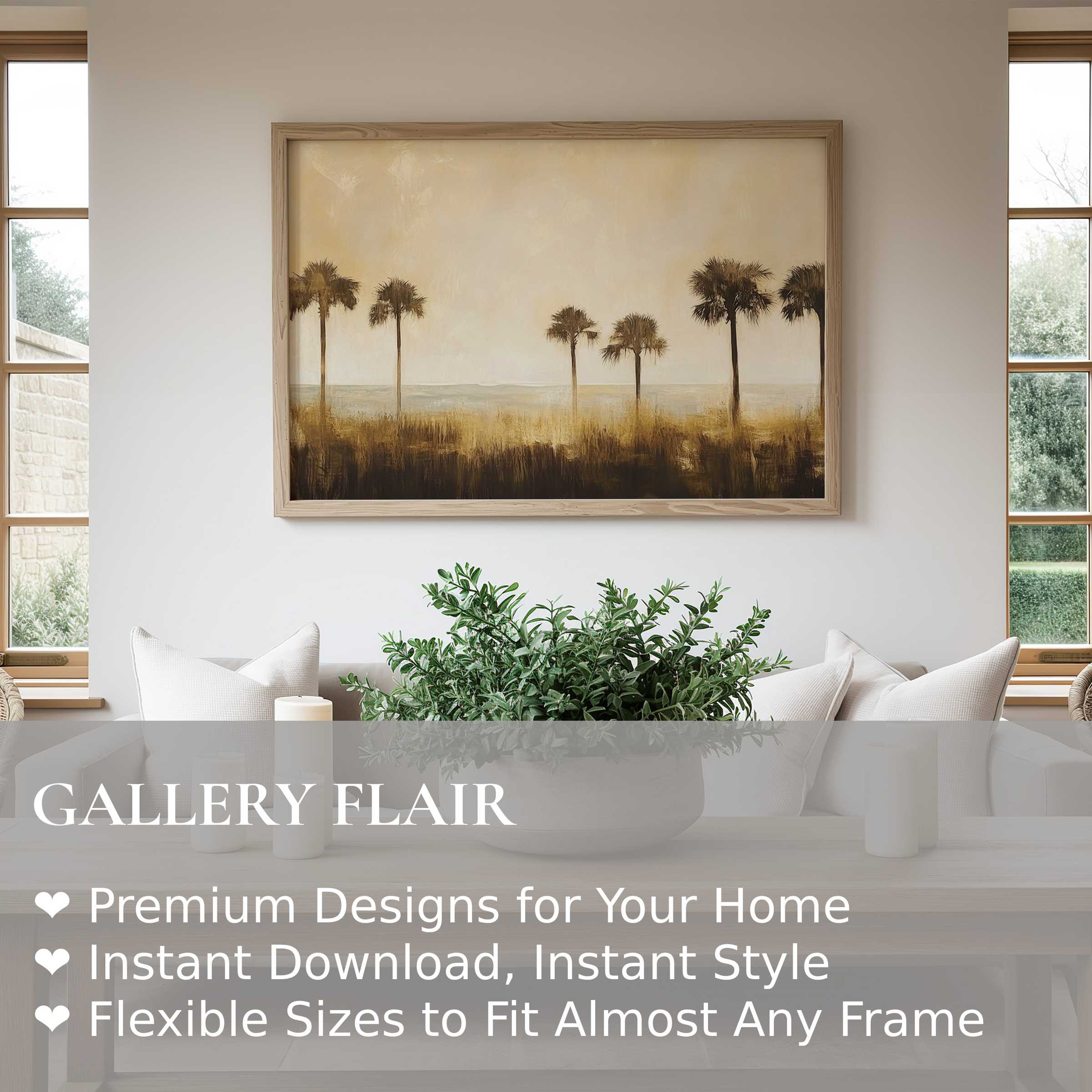 Coastal wall art print features serene palm silhouettes in warm, muted tones, enhancing modern minimalist living spaces with calming, natural elegance