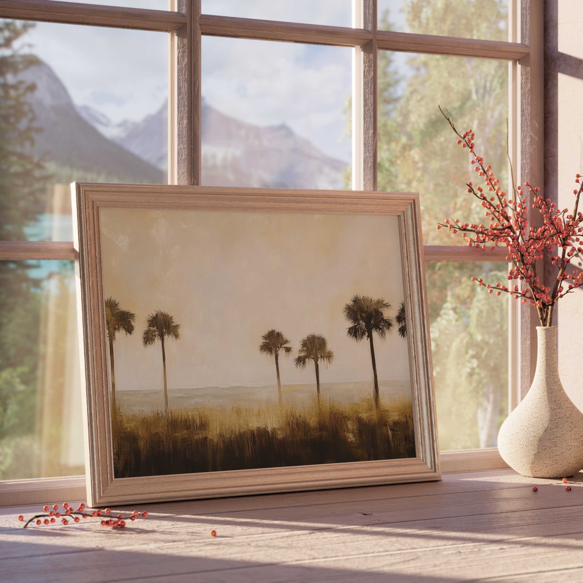 Coastal downloadable art featuring serene palm silhouettes in warm earth tones, elevating tranquil, curated living spaces
