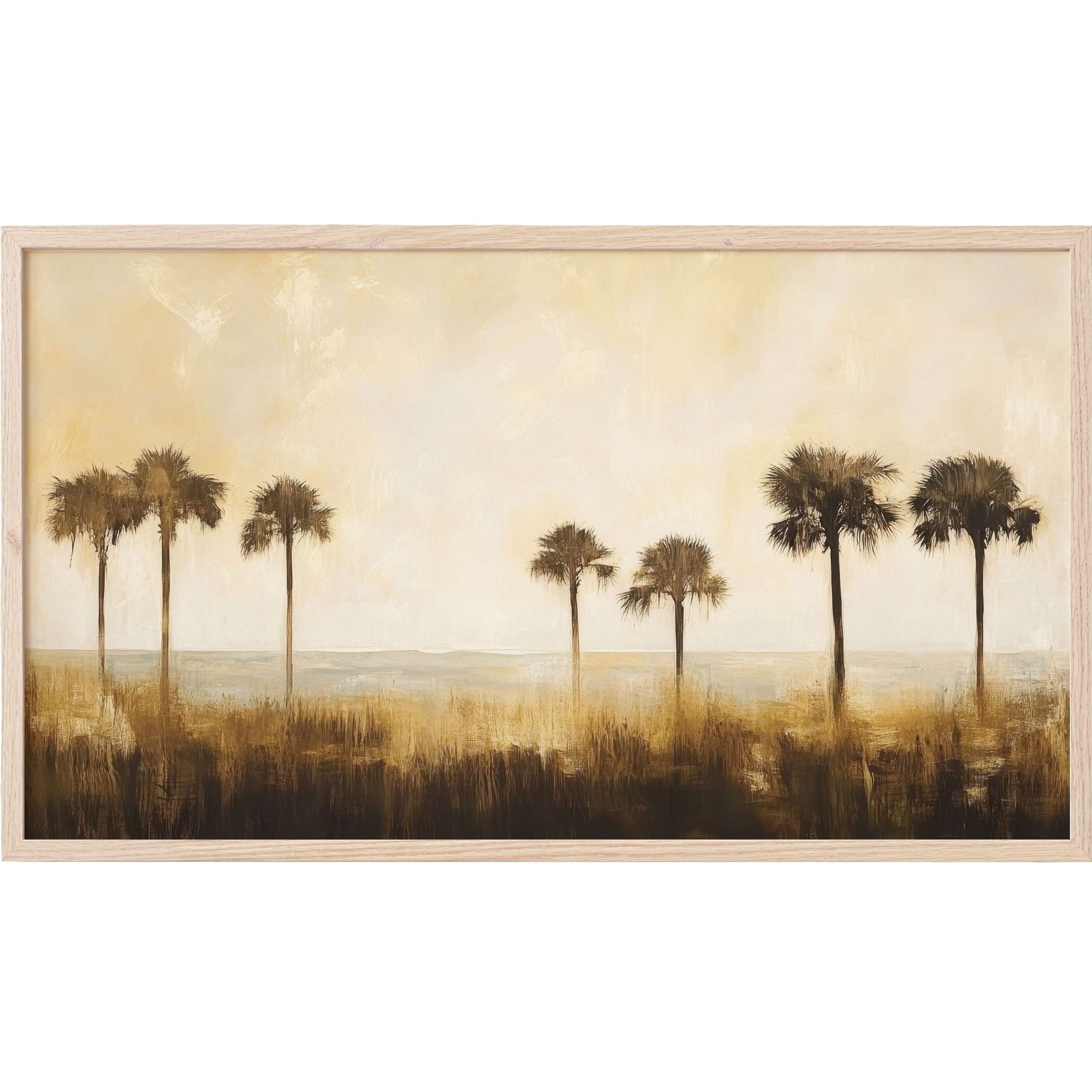 Serene coastal Frame TV Art with muted browns and golds depicting tall palm trees in an abstract, modern landscape