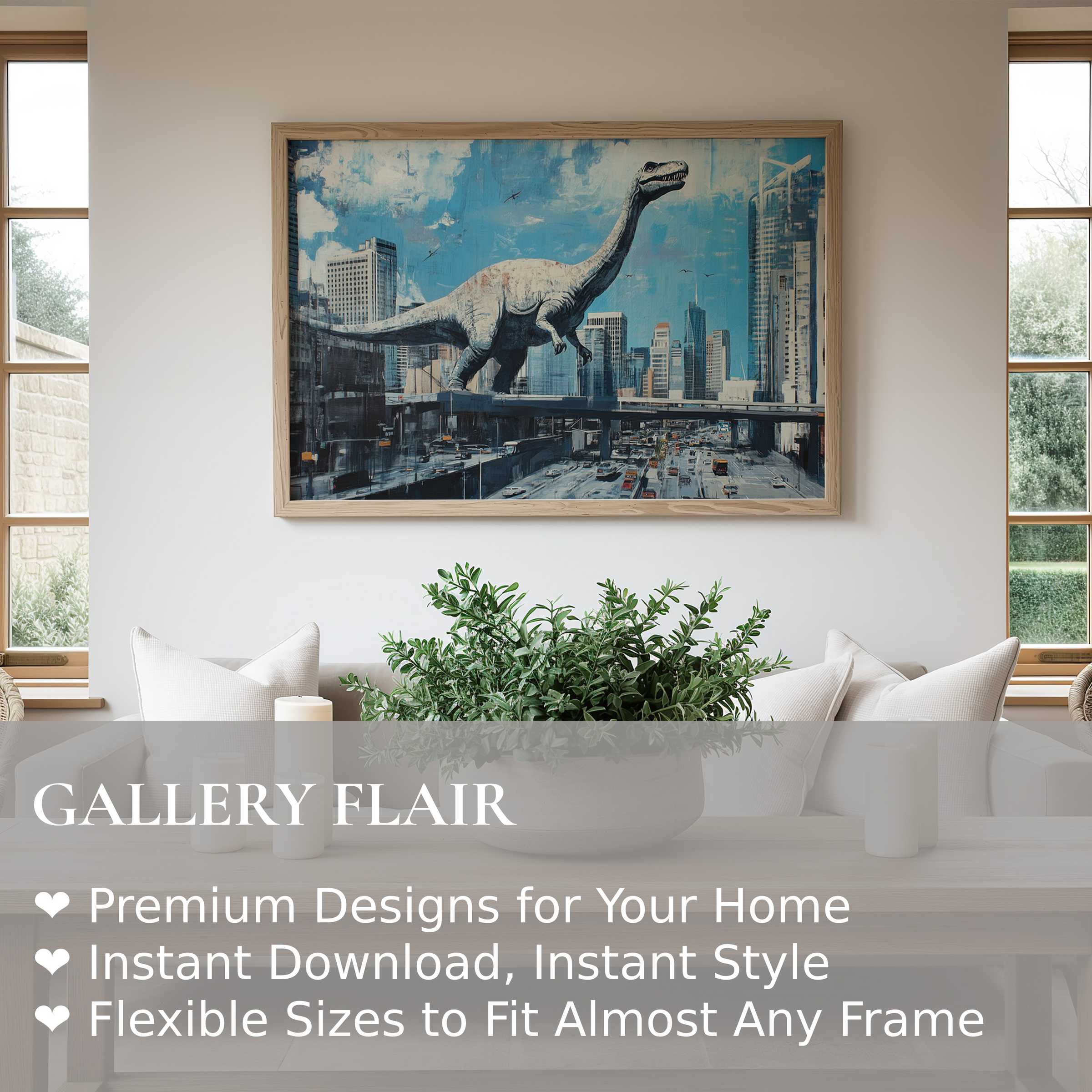 Street art wall art print of a bold dinosaur over cityscape, enhancing modern minimalist interiors with urban edge and dynamic energy
