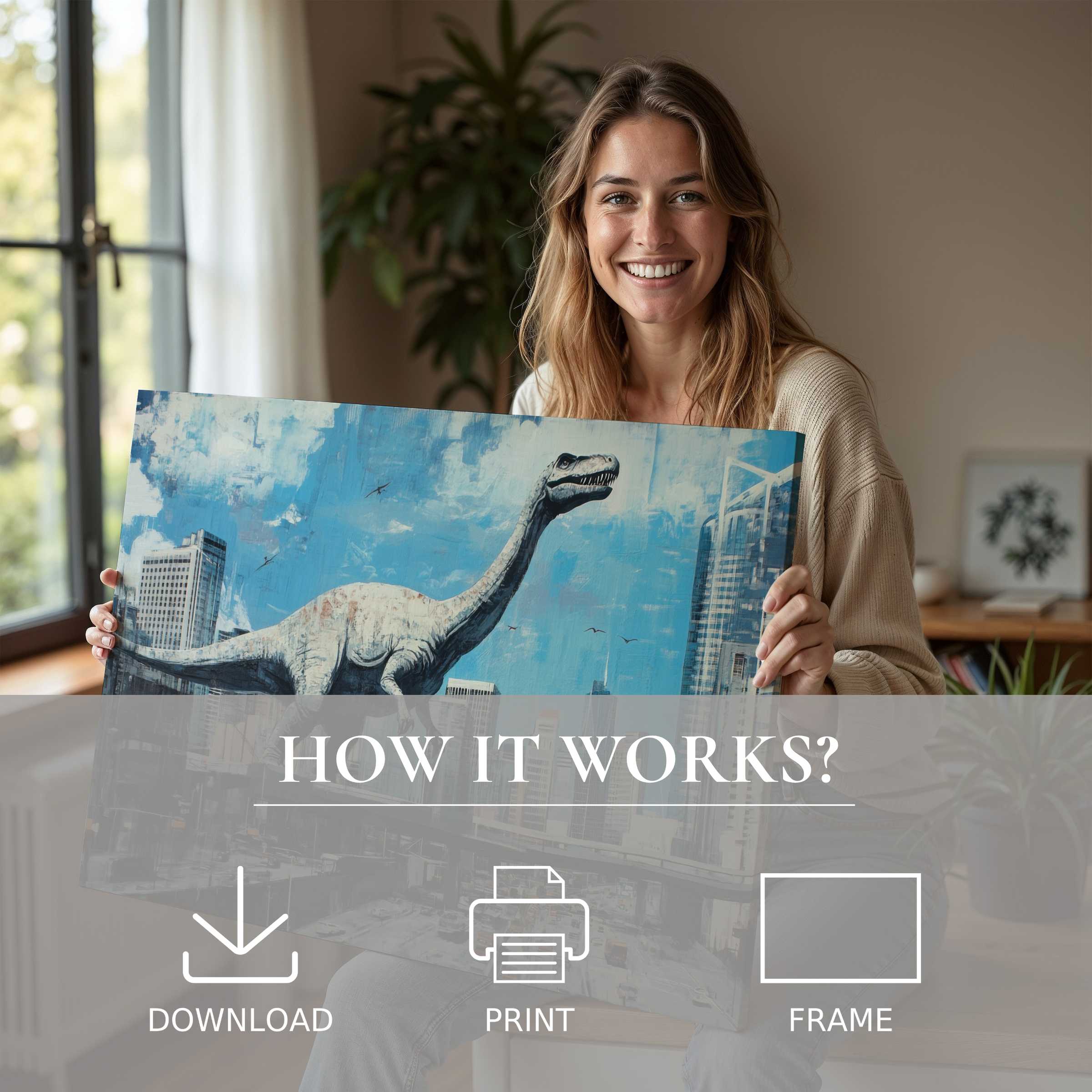 A joyful woman in a serene, modern home embraces a street art digital art print, embodying the ease and warmth of living with timeless creativity