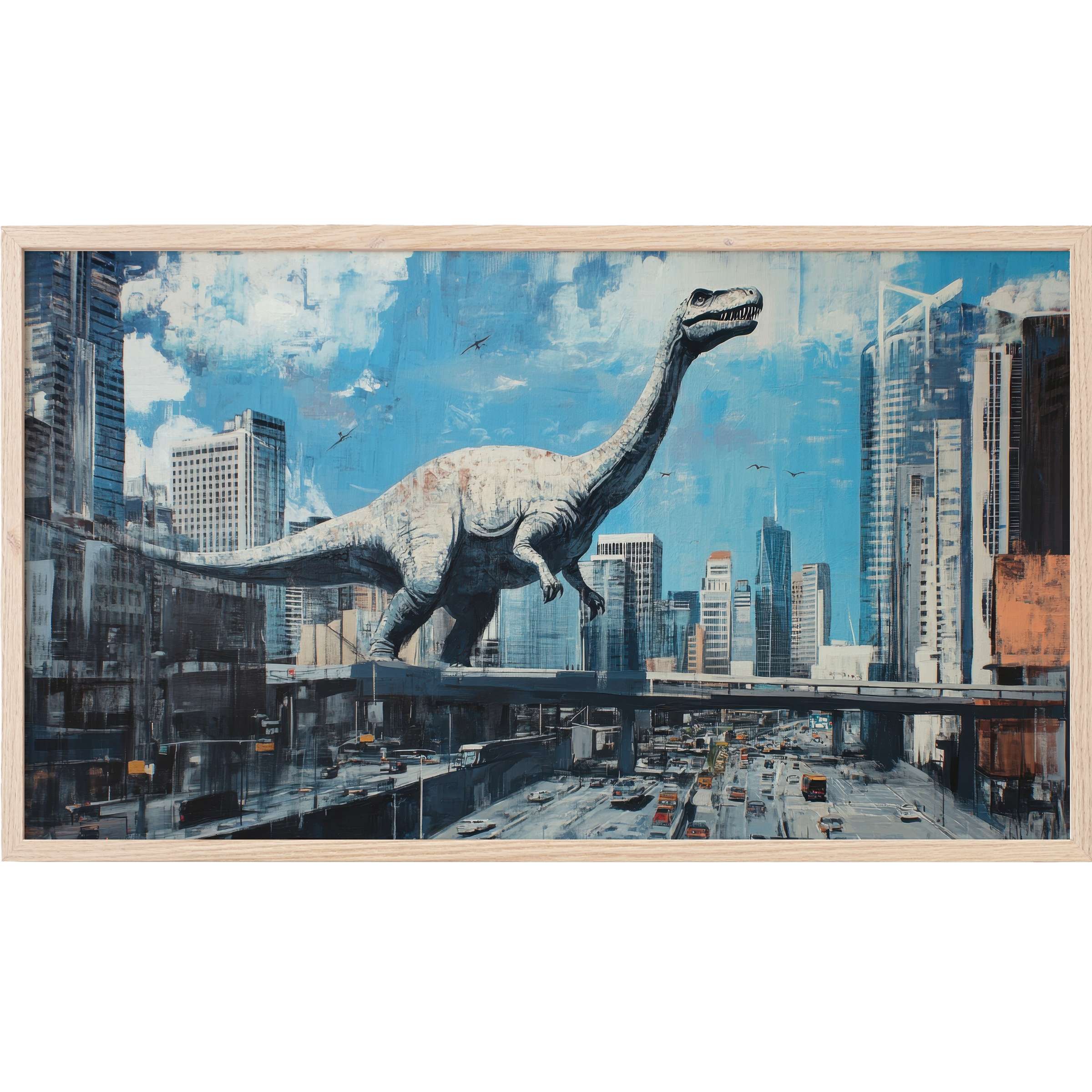 Street art Frame TV Art of a white dinosaur towering over a modern cityscape in cool blues and greys