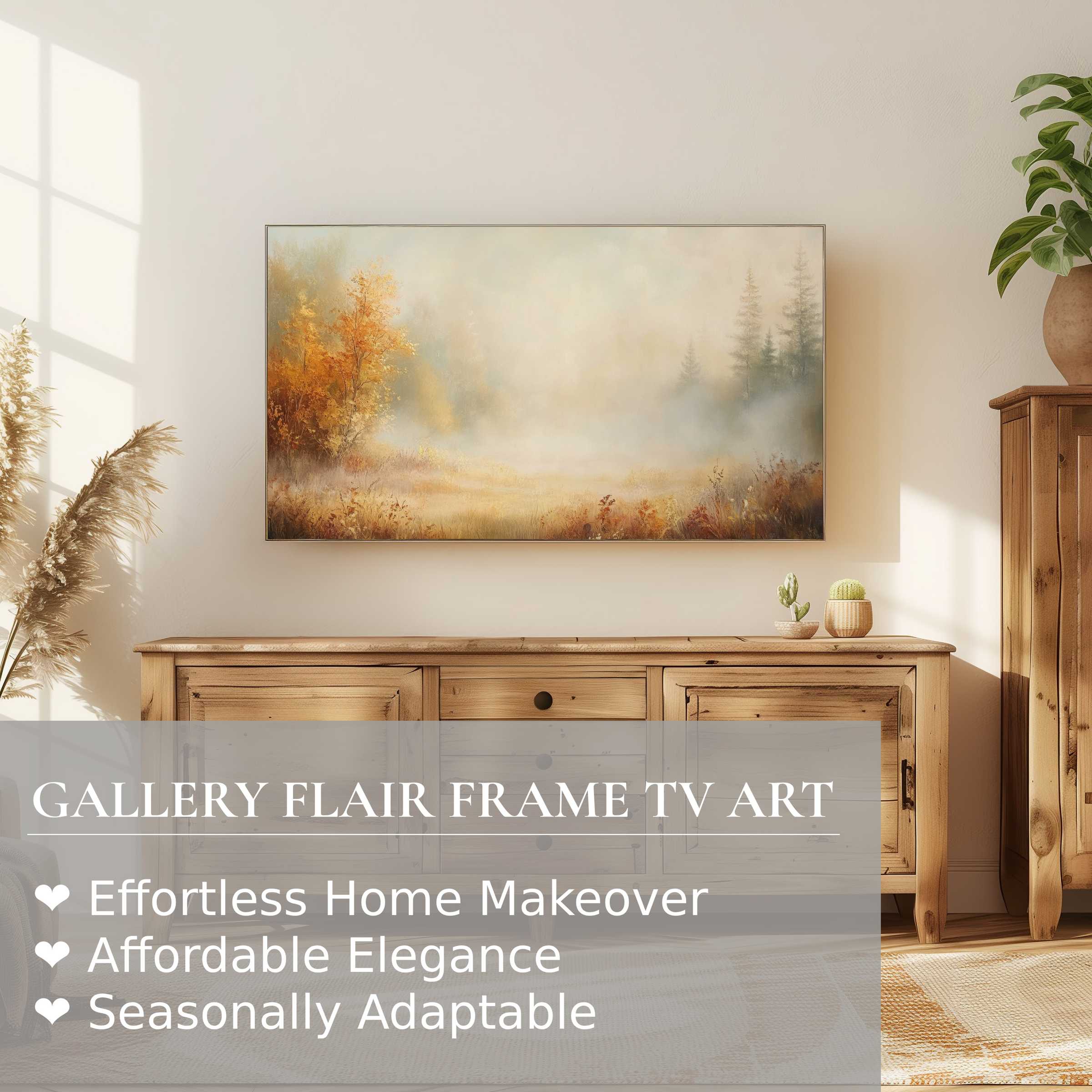 Samsung Frame TV displays serene fall digital artwork in a modern, chic living space with warm wood tones