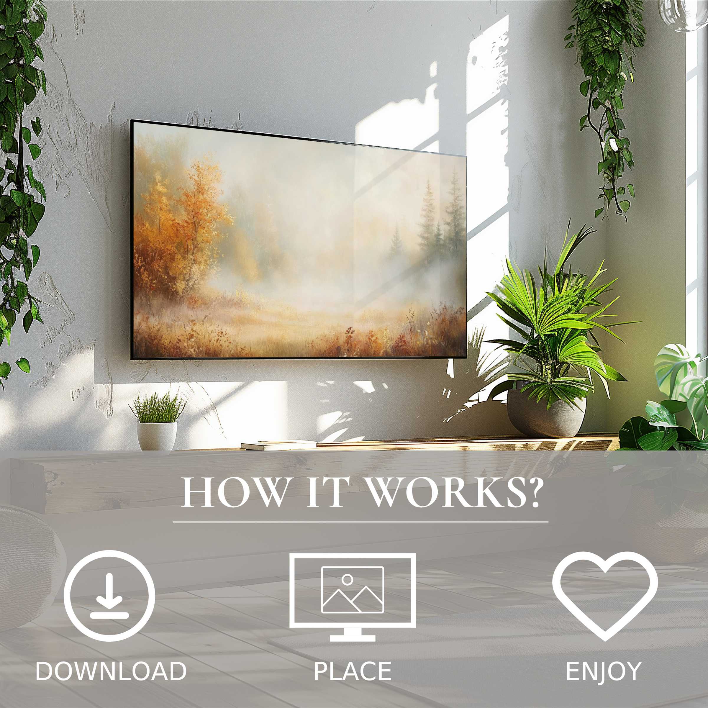 Fall art for Samsung TV shows soft sunset tones on The Frame, easily downloaded to enrich modern living spaces