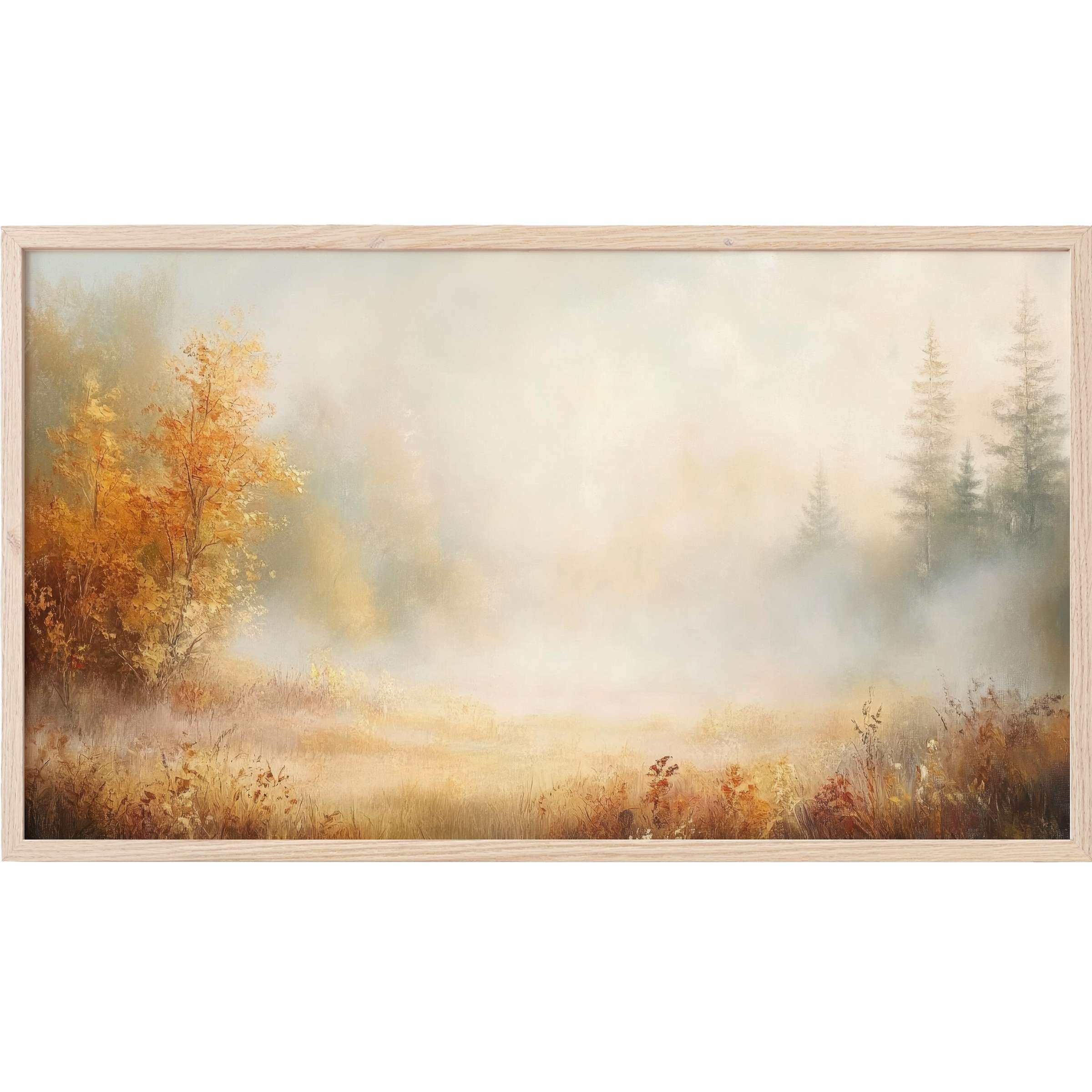Fall Frame TV Art: serene misty landscape with warm autumn hues, soft textures, and an elegant modern aesthetic