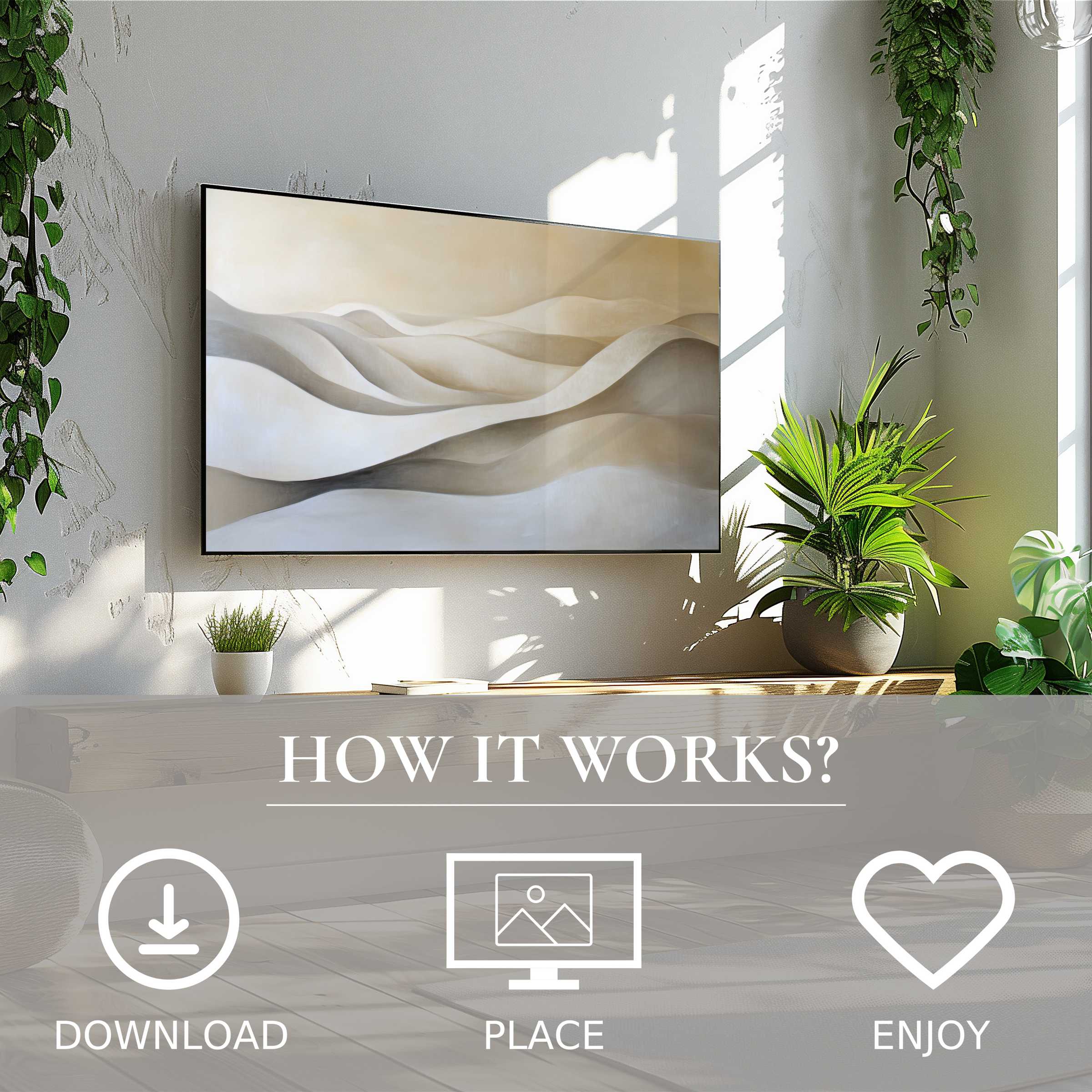 Neutral art for Samsung TV shows soft color flow in beige tones, easy digital download enriching modern living spaces
