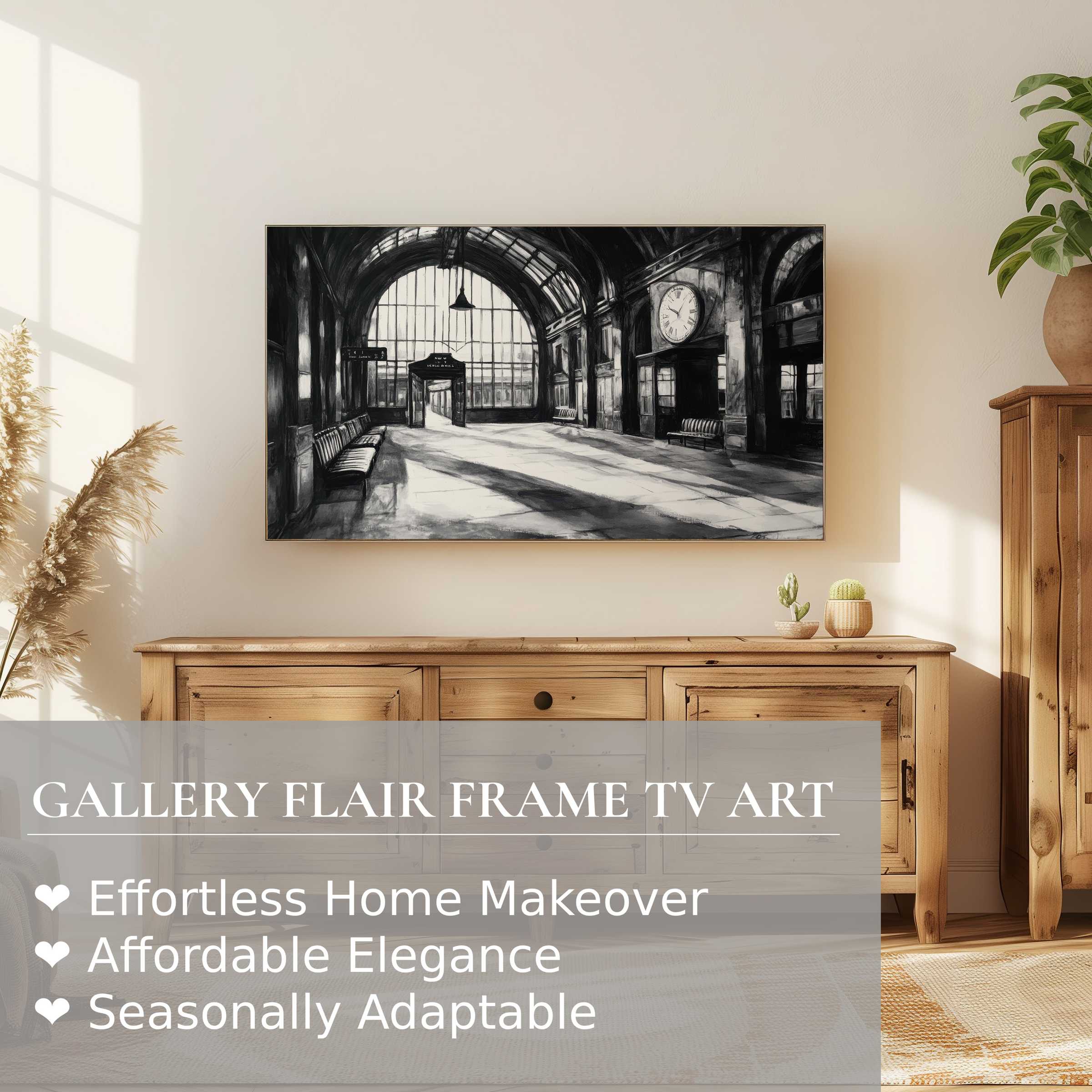 Samsung Frame TV displays refined black and white digital artwork of a serene vintage train station interior