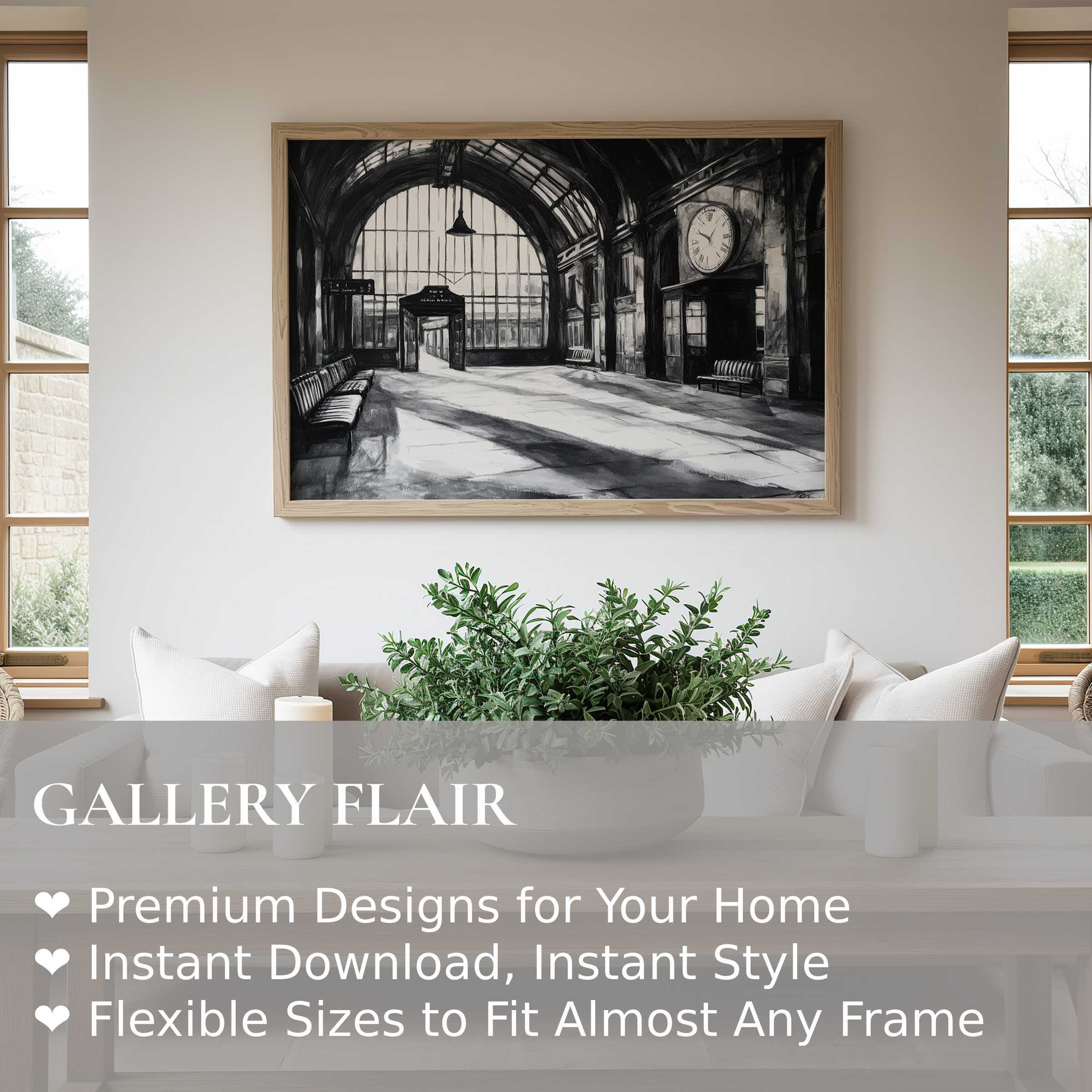 Black and white wall art print captures a serene, timeless train station scene, enhancing minimalist, modern interiors with bold architectural contrast and calming depth