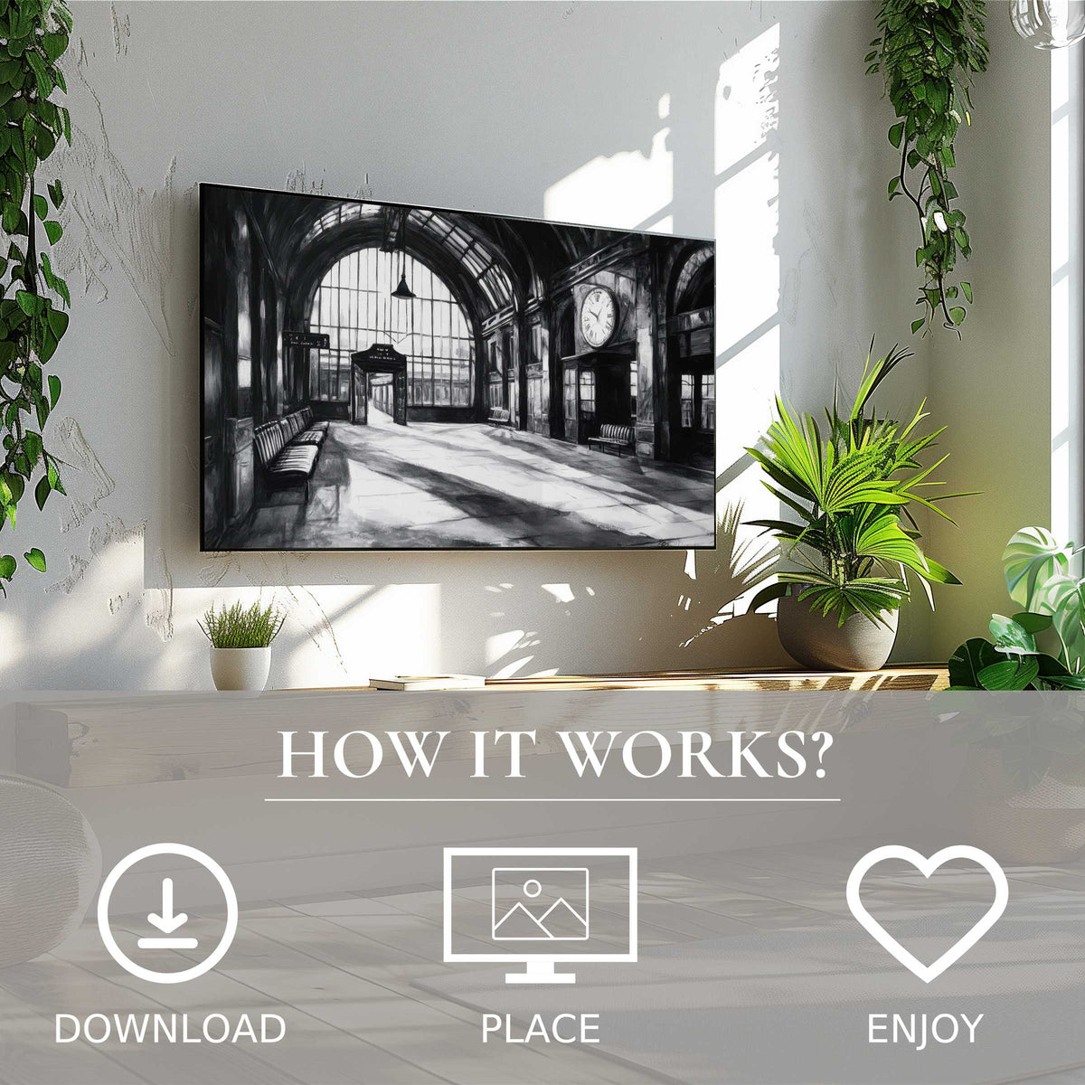 Modern living room with black and white art for Samsung TV, showcasing a serene station scene, easy digital download