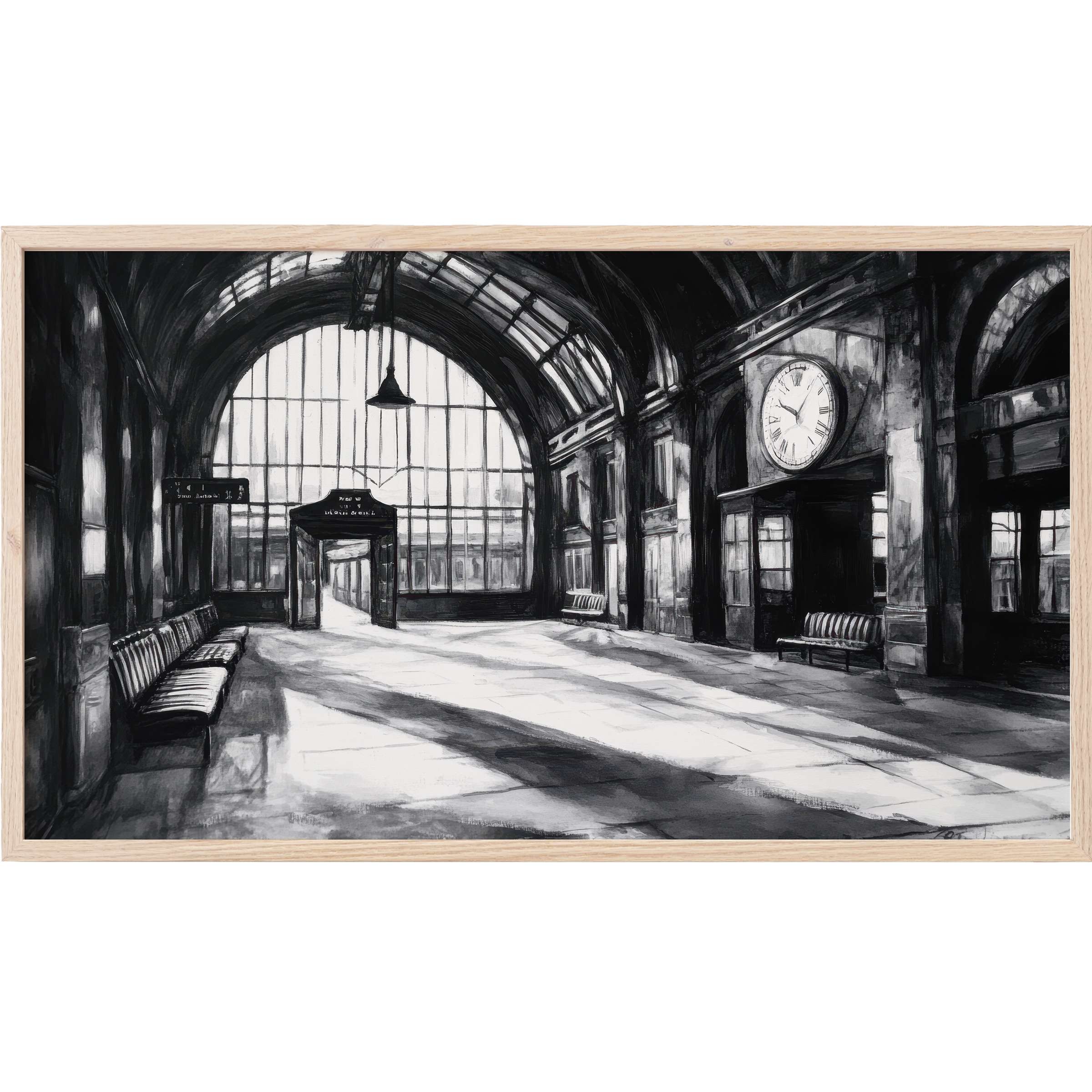 Elegant black and white Frame TV Art of a grand, sunlit train station interior with dramatic shadows and classic details