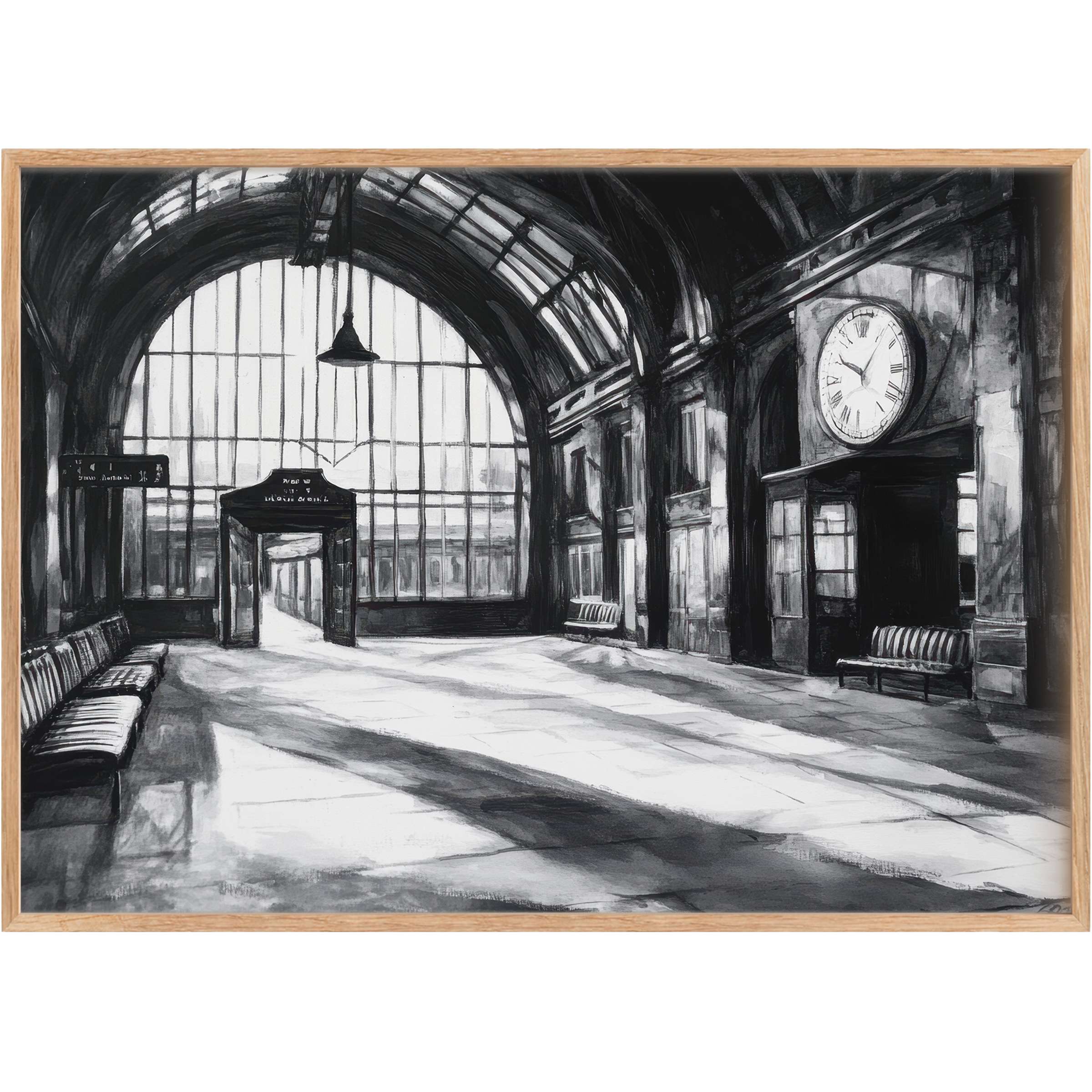 Black and white printable wall art capturing a serene train station bathed in soft light, evoking timeless elegance and calm