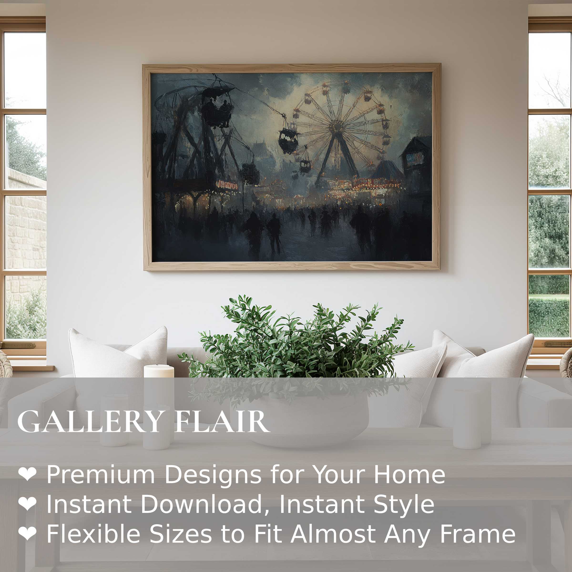 Moody halloween wall art print capturing an atmospheric night carnival scene with a glowing Ferris wheel, perfect for refined modern interiors