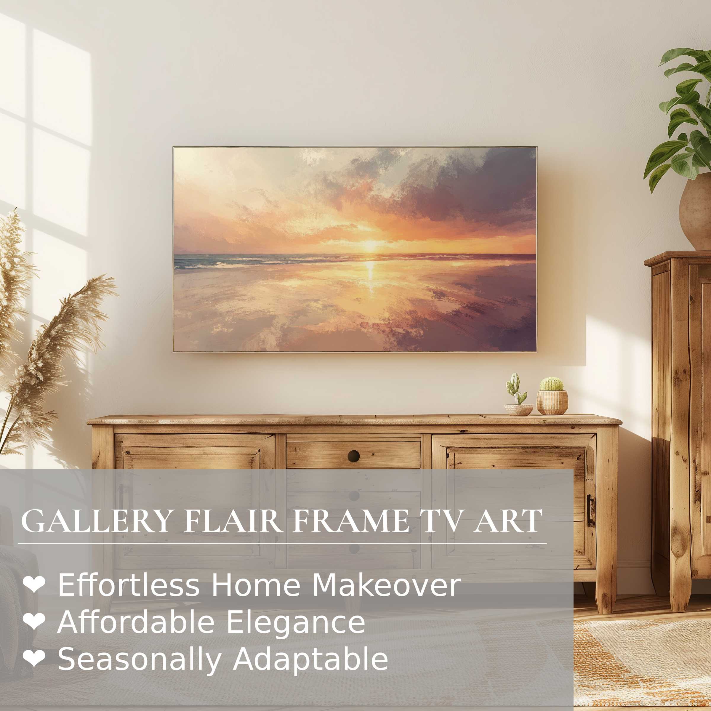 Samsung Frame TV displays serene beach digital artwork in warm hues, enhancing a modern, elegant living space