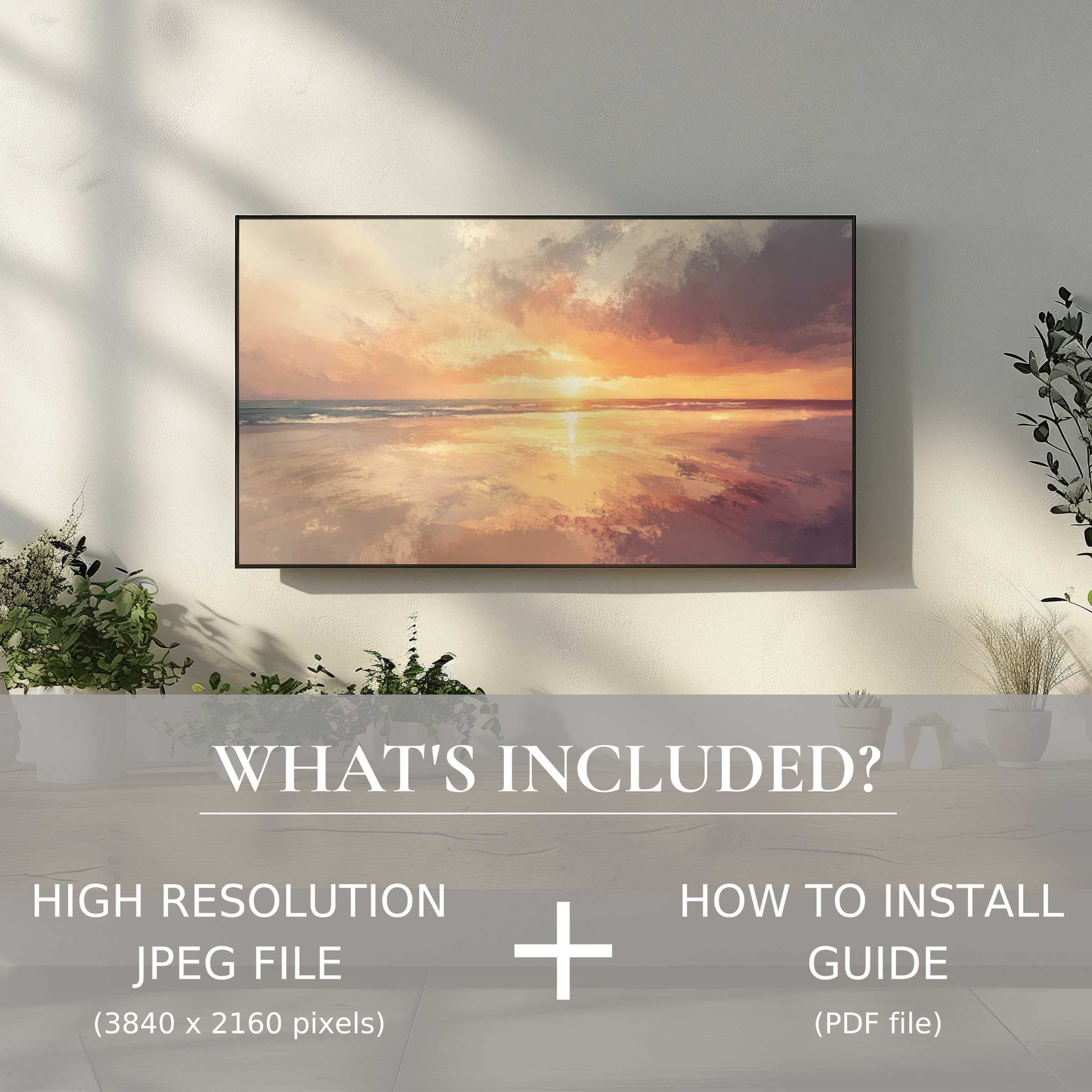 Elegant beach digital TV art download bringing serene sunset ambiance, easy digital use enhances modern living spaces
