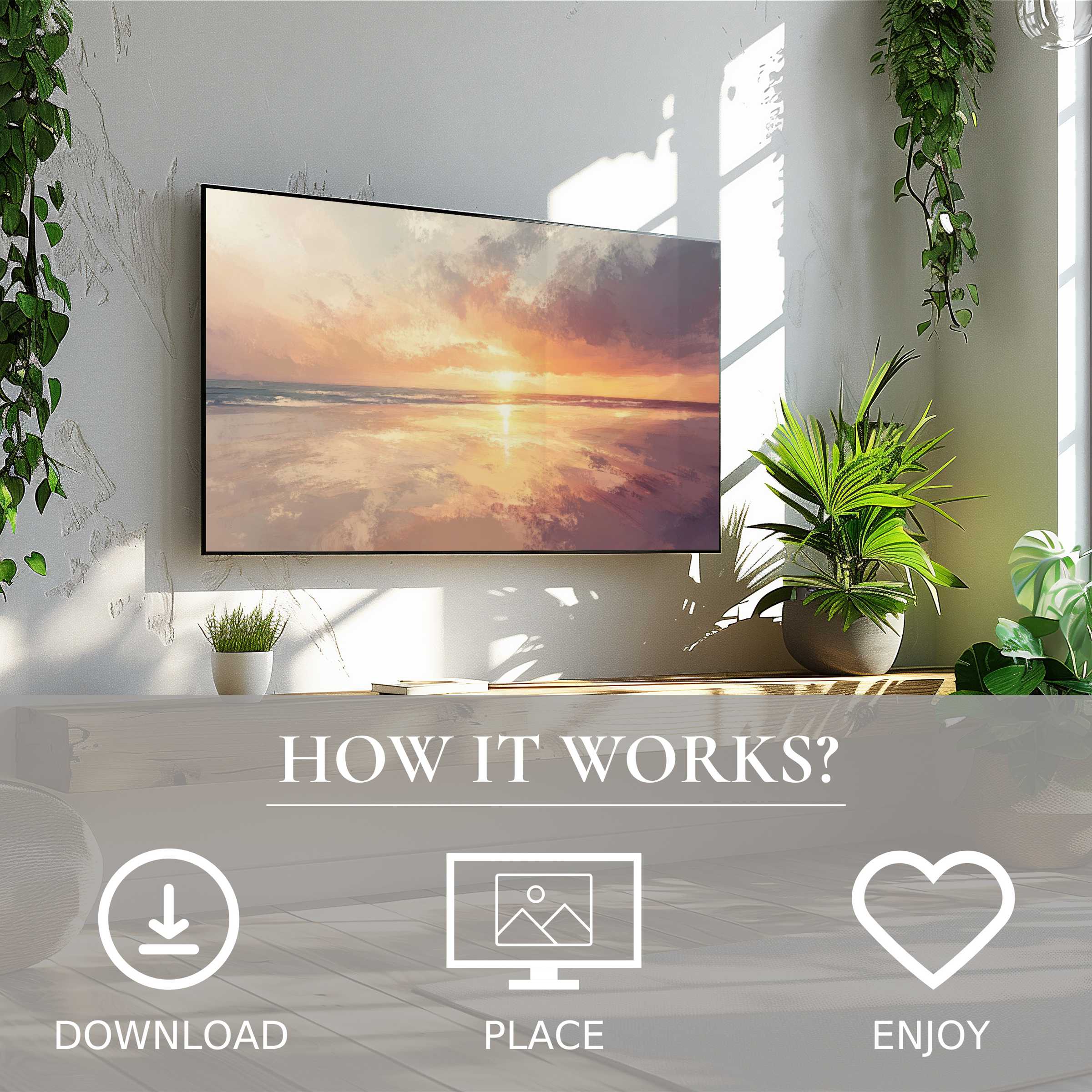 Modern living room with beach art for Samsung TV, soft sunset tones; easy digital download enriches space