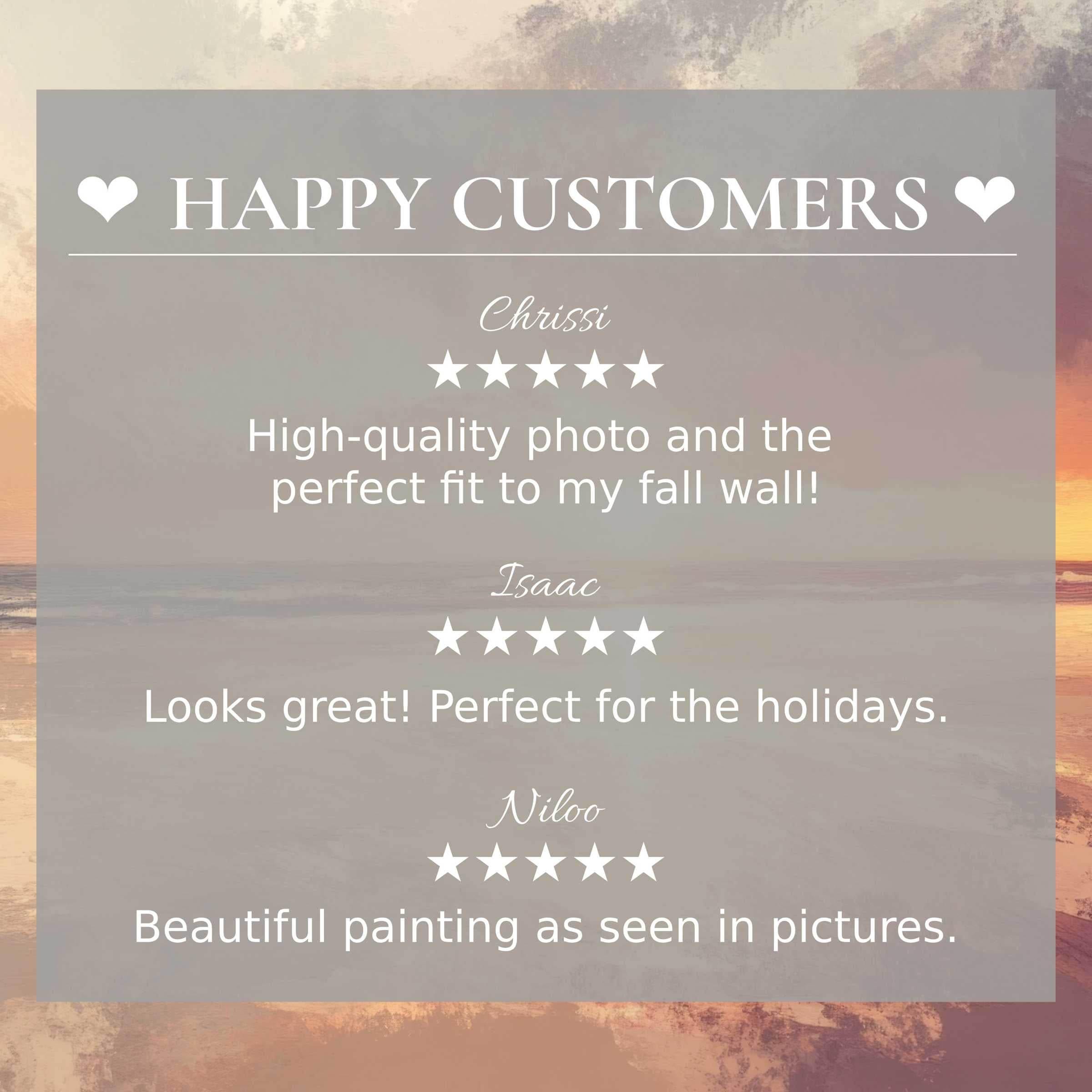 Beach art for Frame TV with abstract sunset hues, showcasing happy customer reviews and elegant, trustworthy design