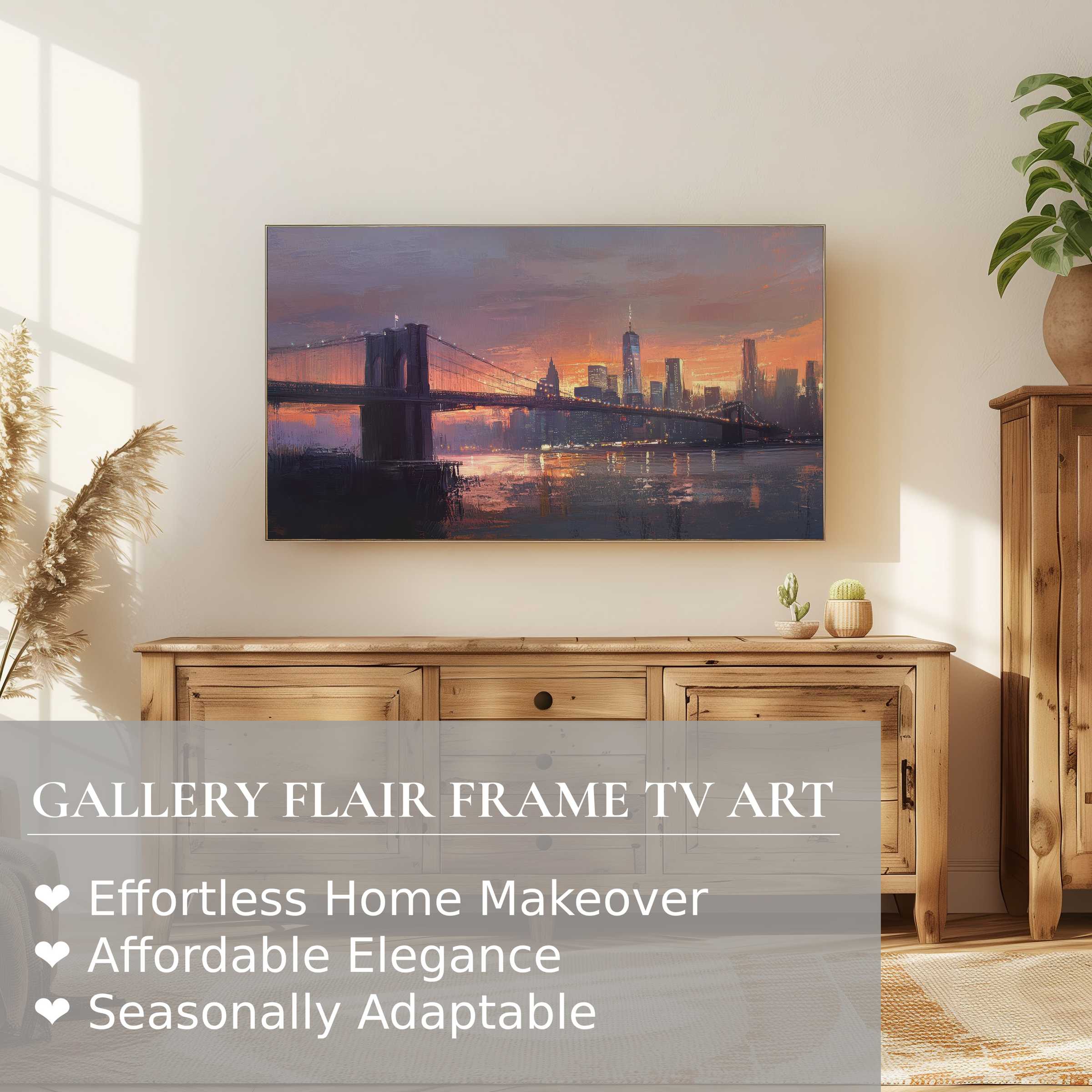 Elegant urban digital artwork of a twilight cityscape on Samsung Frame TV in a modern, warm living space