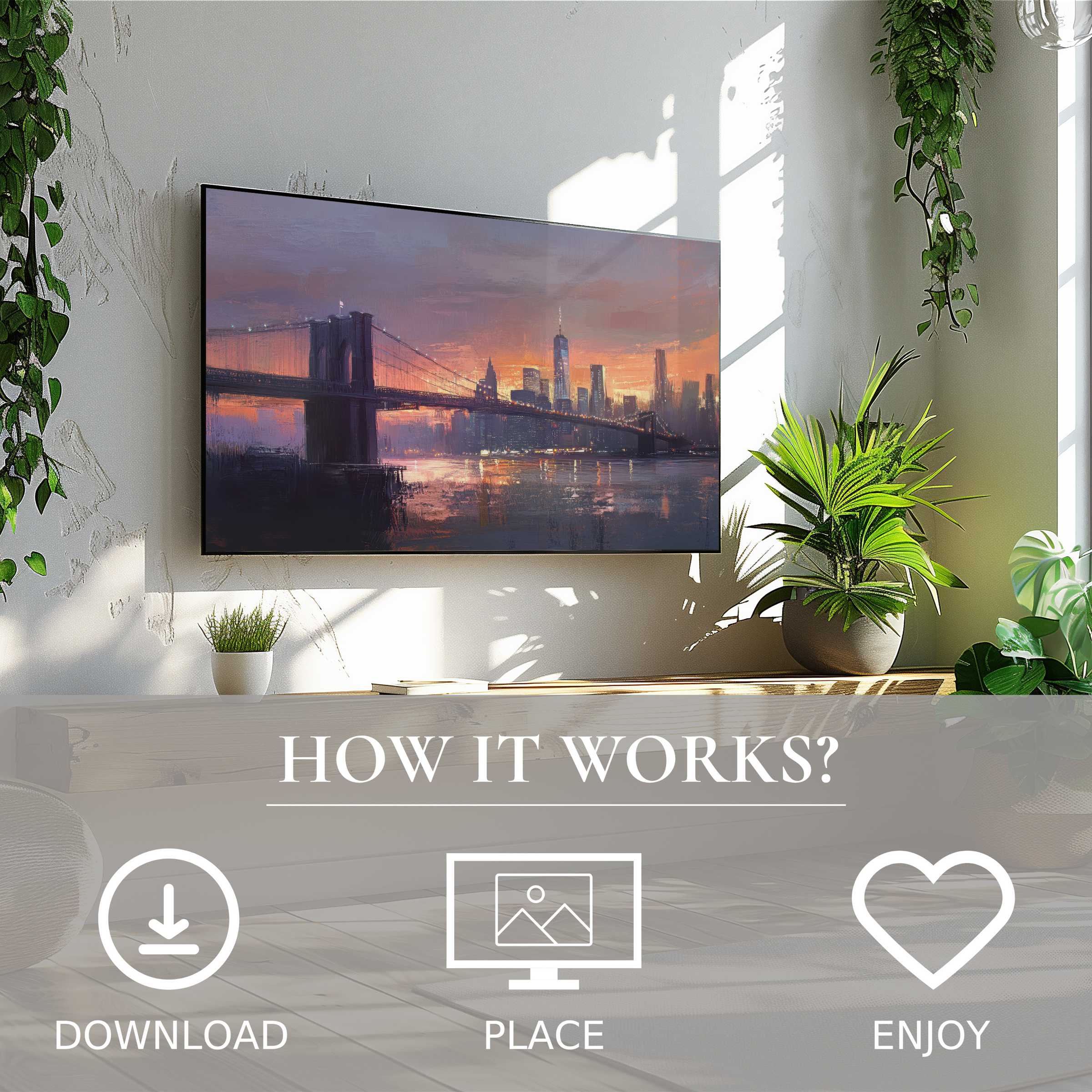 Urban art for Samsung TV with easy digital download, showcasing soft sunset tones enriching a modern living room