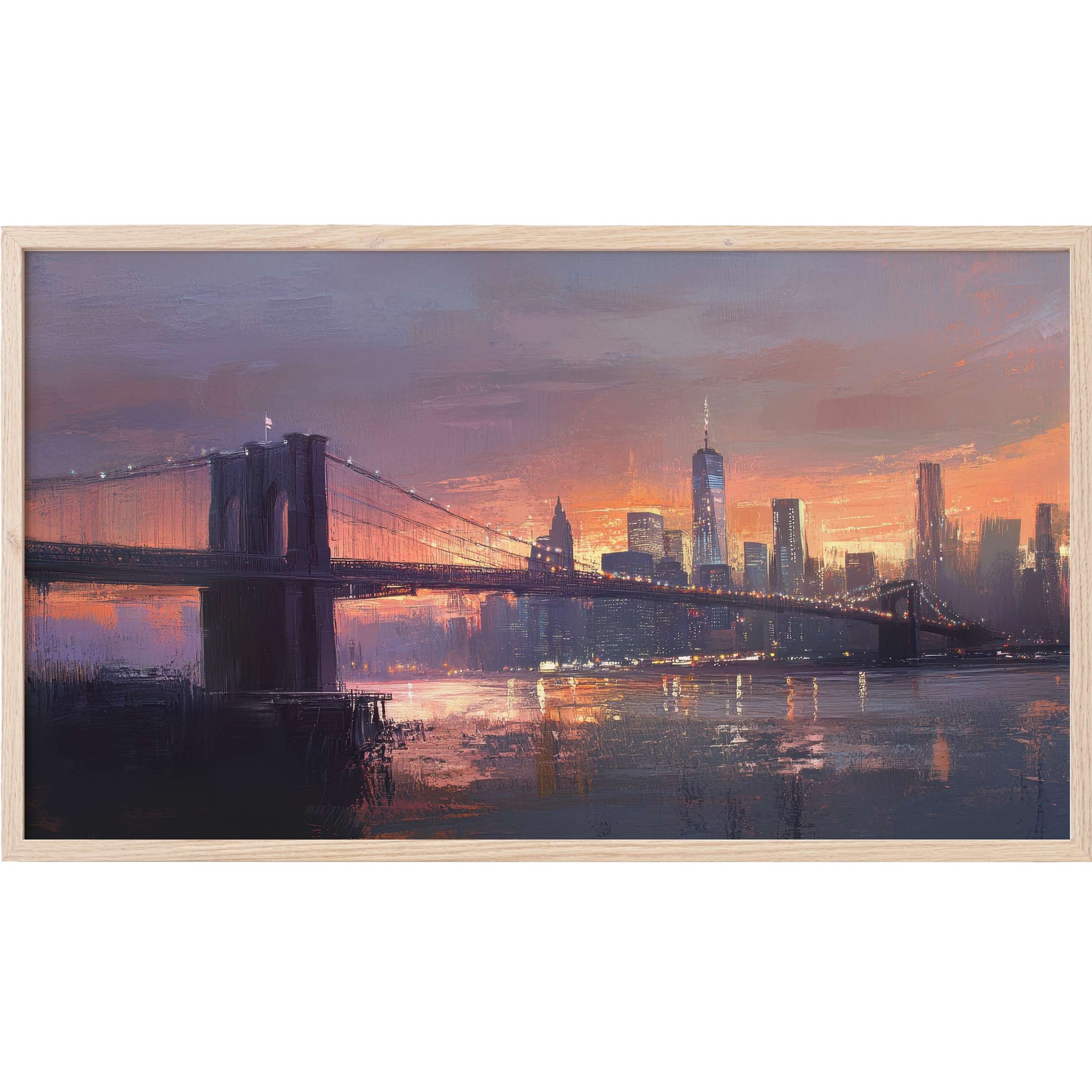 Elegant dusk cityscape with silhouetted bridge and glowing skyline in warm hues, urban Frame TV Art in a modern style