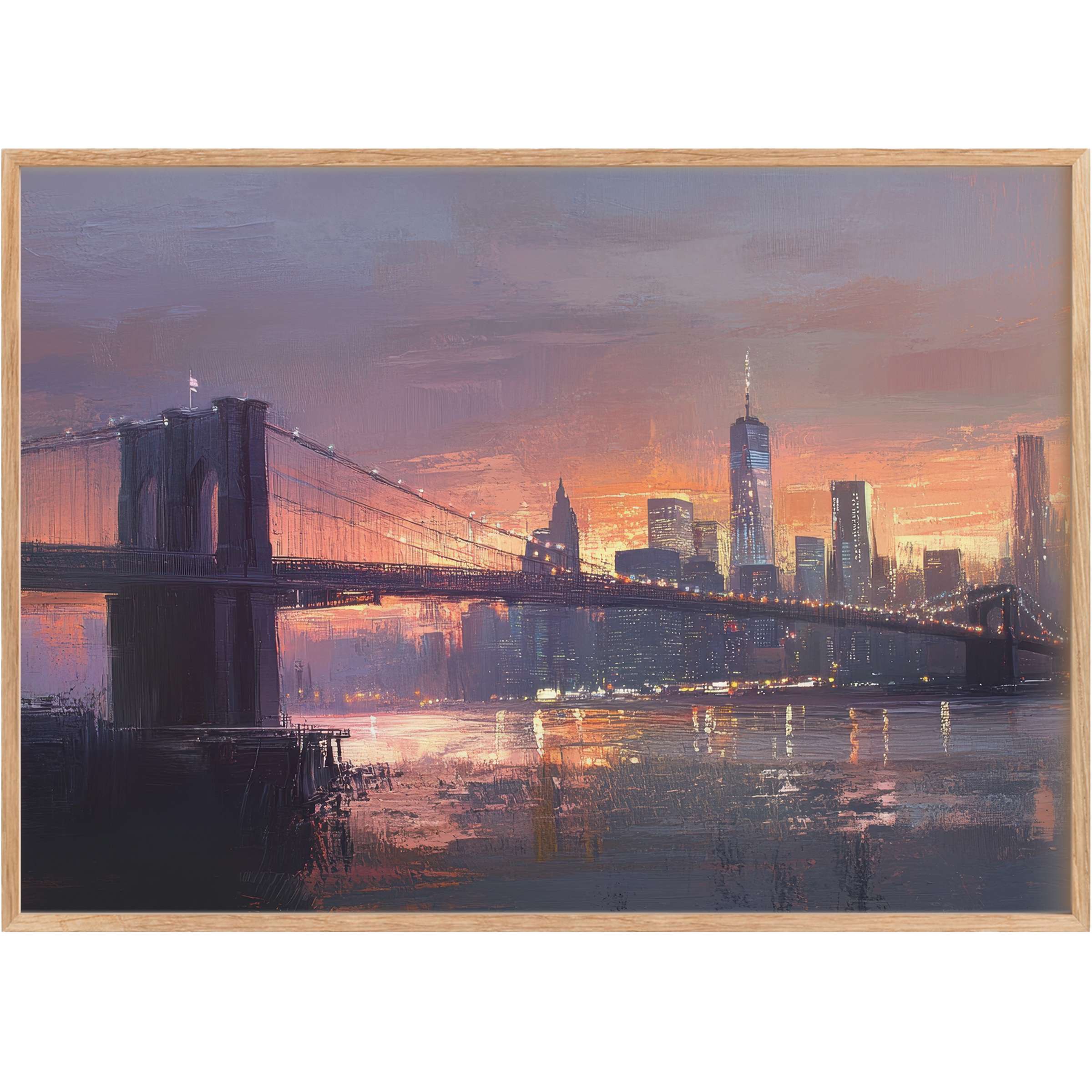 Urban printable wall art capturing a radiant cityscape at dusk, blending warm oranges and cool purples to evoke serene sophistication