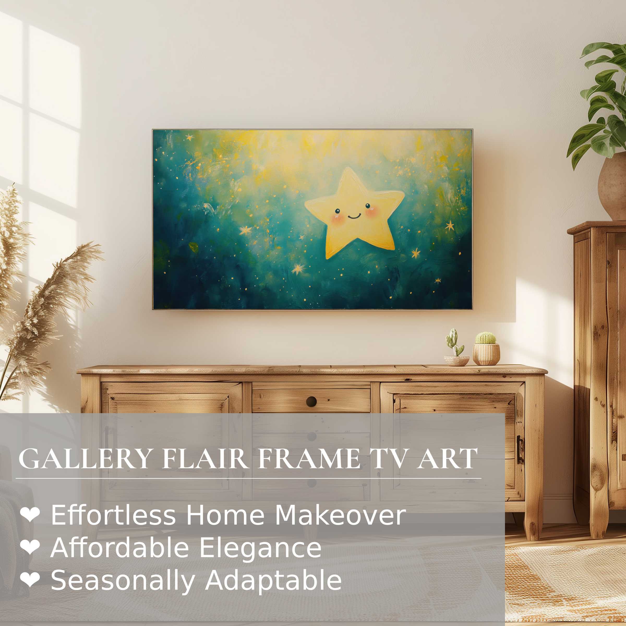 Samsung Frame TV displaying charming nursery digital artwork of a smiling star in a modern, sunlit room