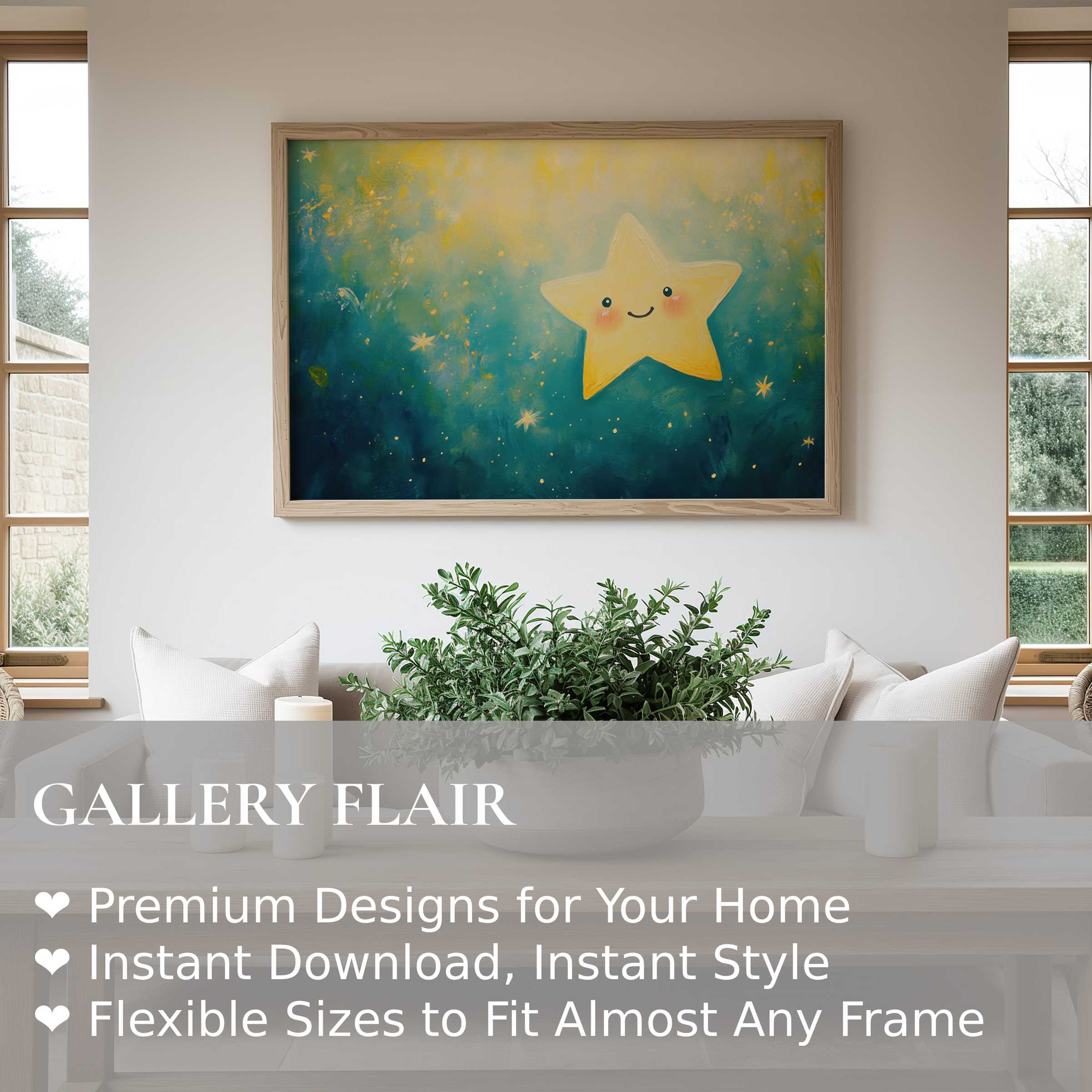 Radiant nursery wall art print with a smiling star, evoking warmth and calm in a modern, serene living space