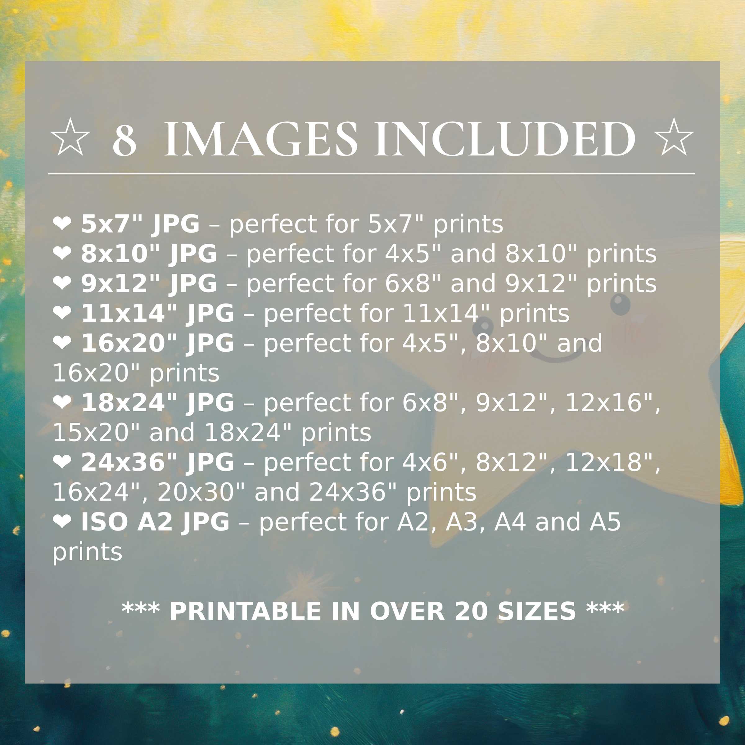 Nursery digital print radiates calming yellows and deep teals, offered in 8 high-quality sizes included to elevate modern interiors with versatile, stylish charm
