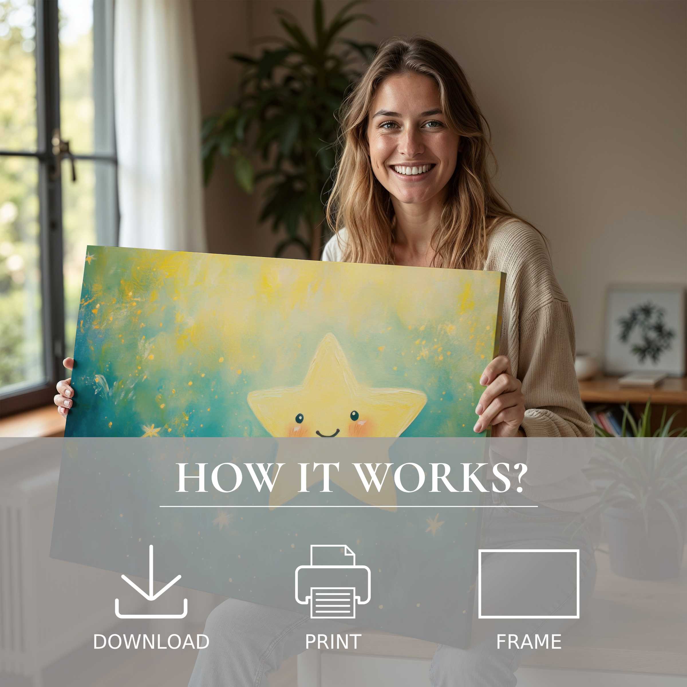Radiant nursery digital art print brightens a modern home, inspiring joy and warmth with ease of download, print, and frame