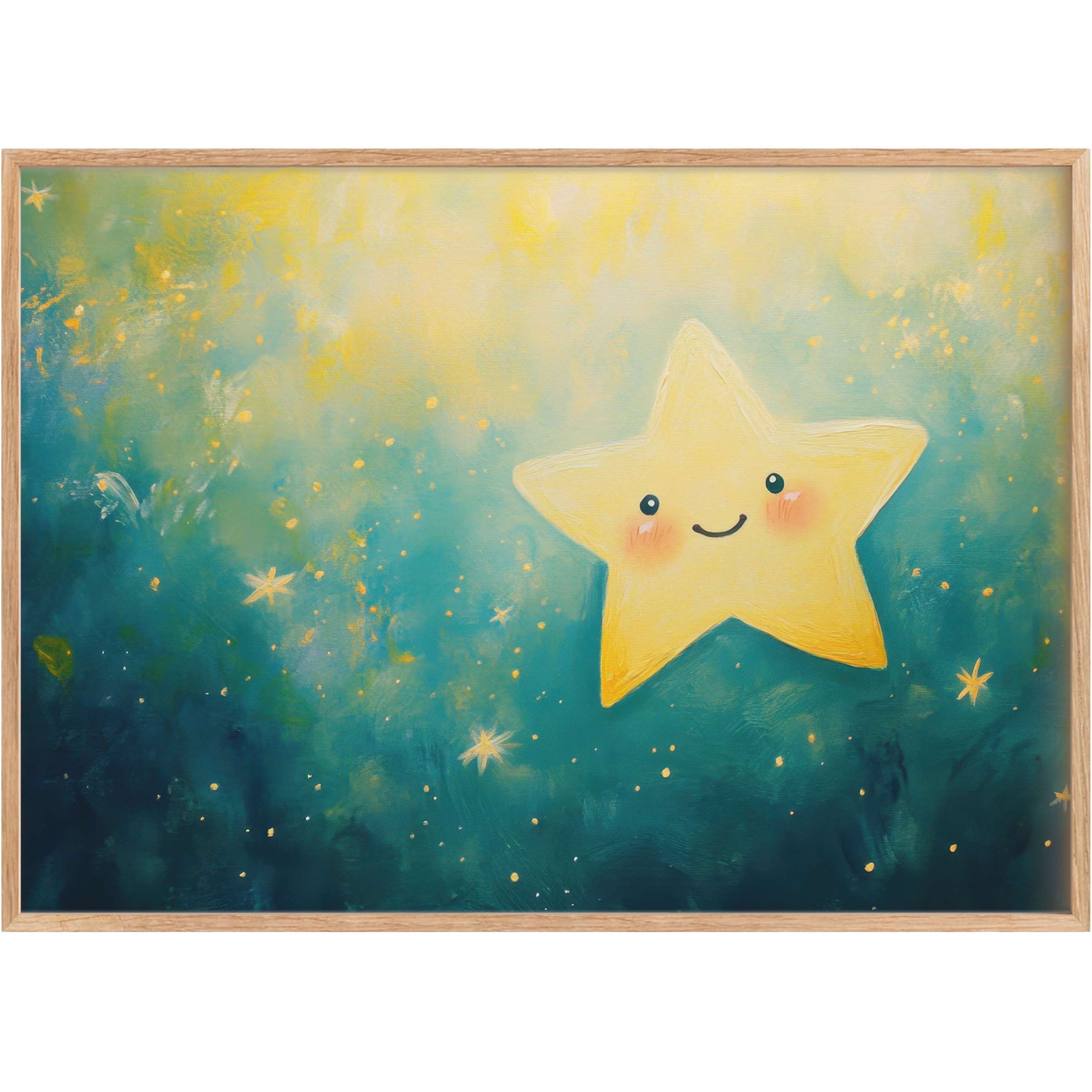 Charming nursery printable wall art featuring a smiling star in soft yellows and tranquil blues, evoking a radiant and soothing atmosphere