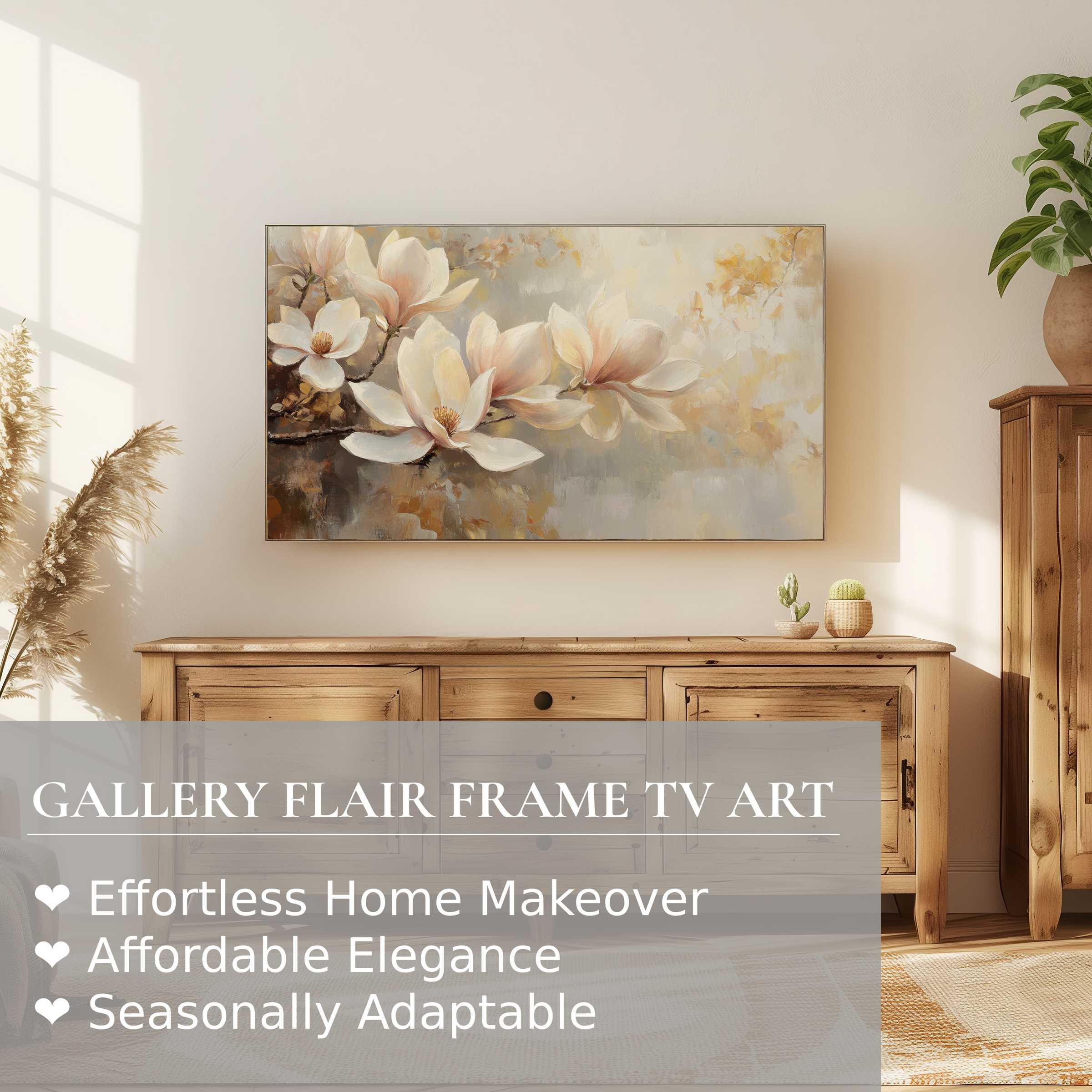 Samsung Frame TV displays soft botanical digital artwork, blending modern elegance with warm natural decor