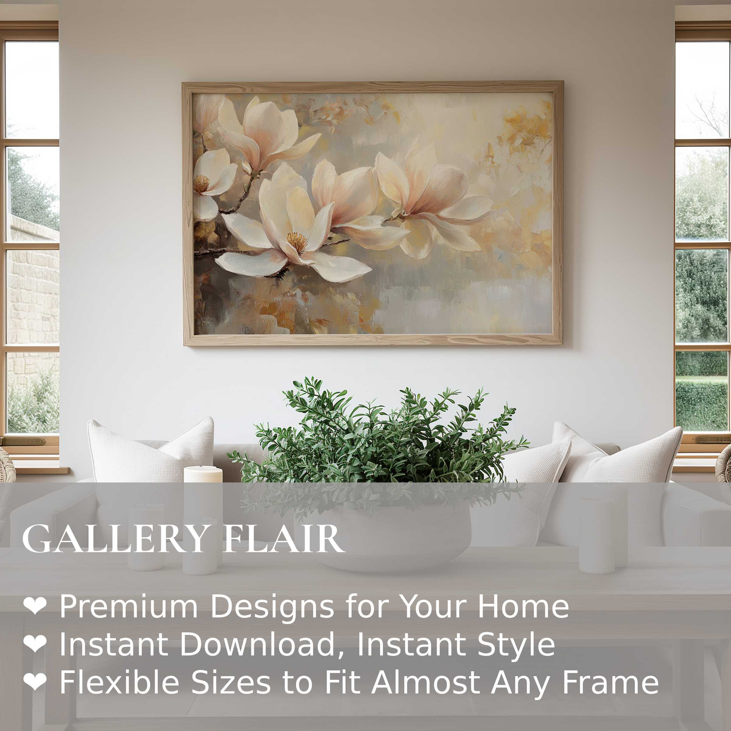 Botanical wall art print featuring soft magnolia blooms in muted tones, elevating serene, modern living spaces with timeless elegance