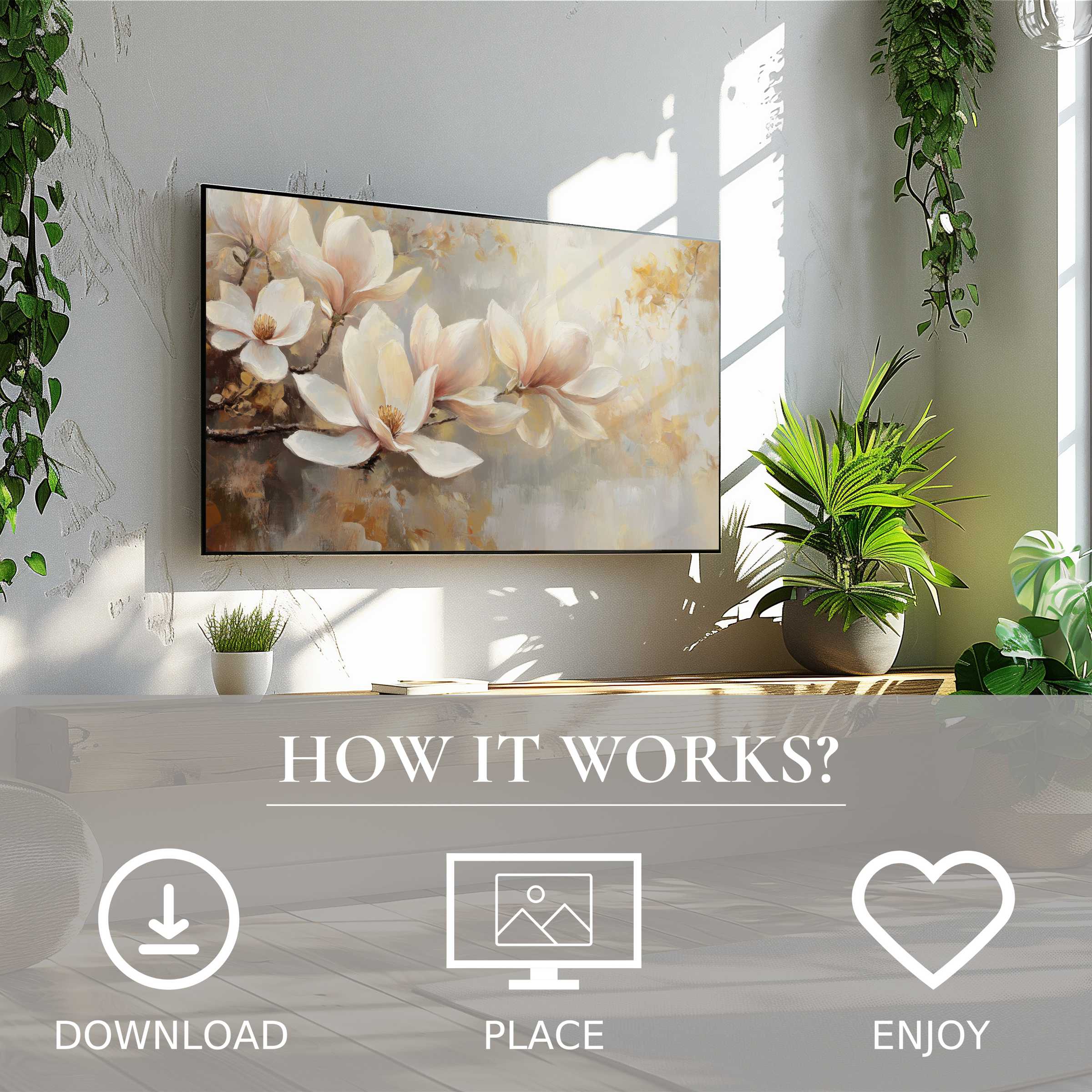 Botanical art for Samsung TV with soft floral tones, easy digital download enriching modern living spaces