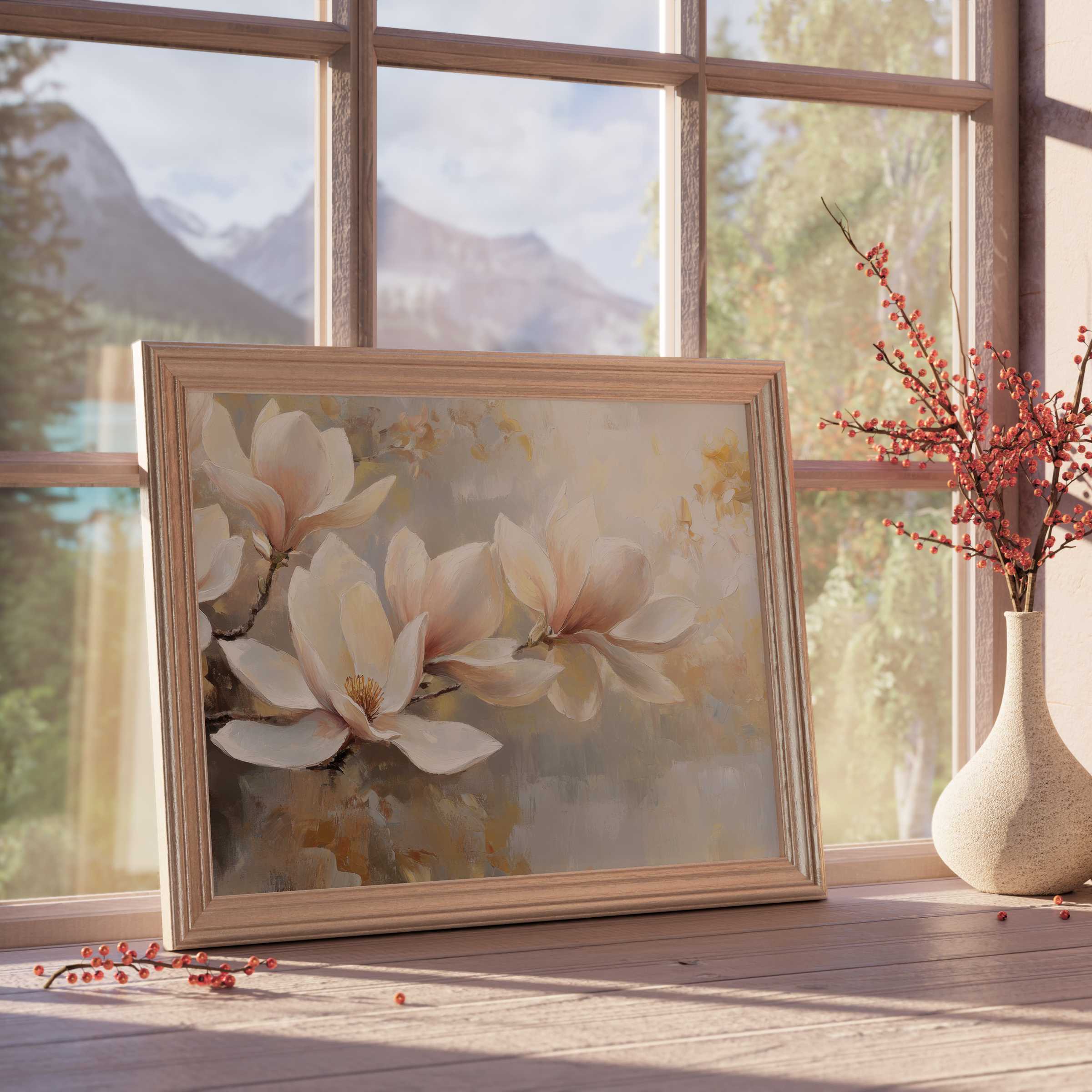 Botanical downloadable art of delicate magnolia blooms in soft neutrals, elevating serene, design-led interiors with timeless elegance