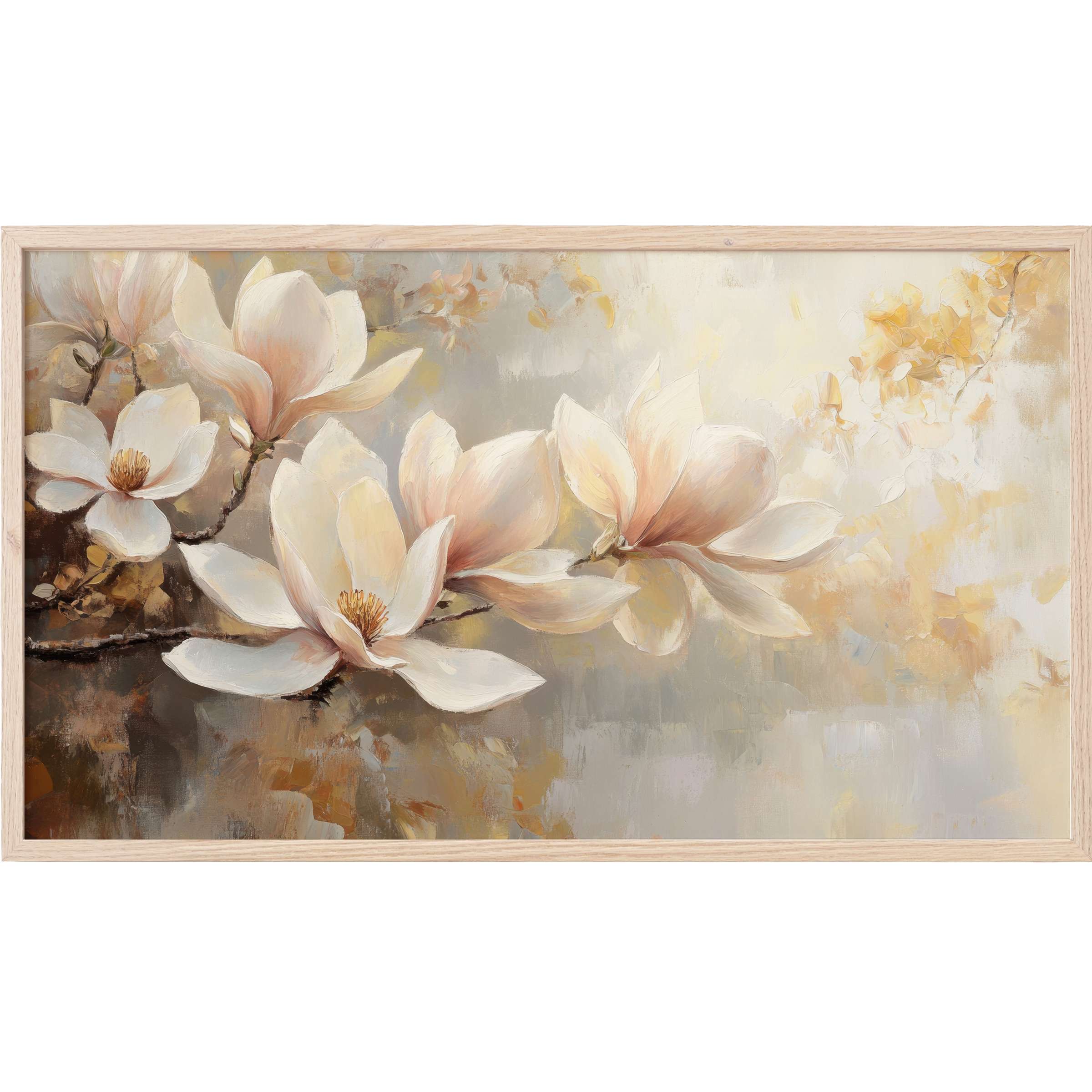 Botanical Frame TV Art featuring delicate magnolia blooms in soft creams and warm beige with a modern painterly touch