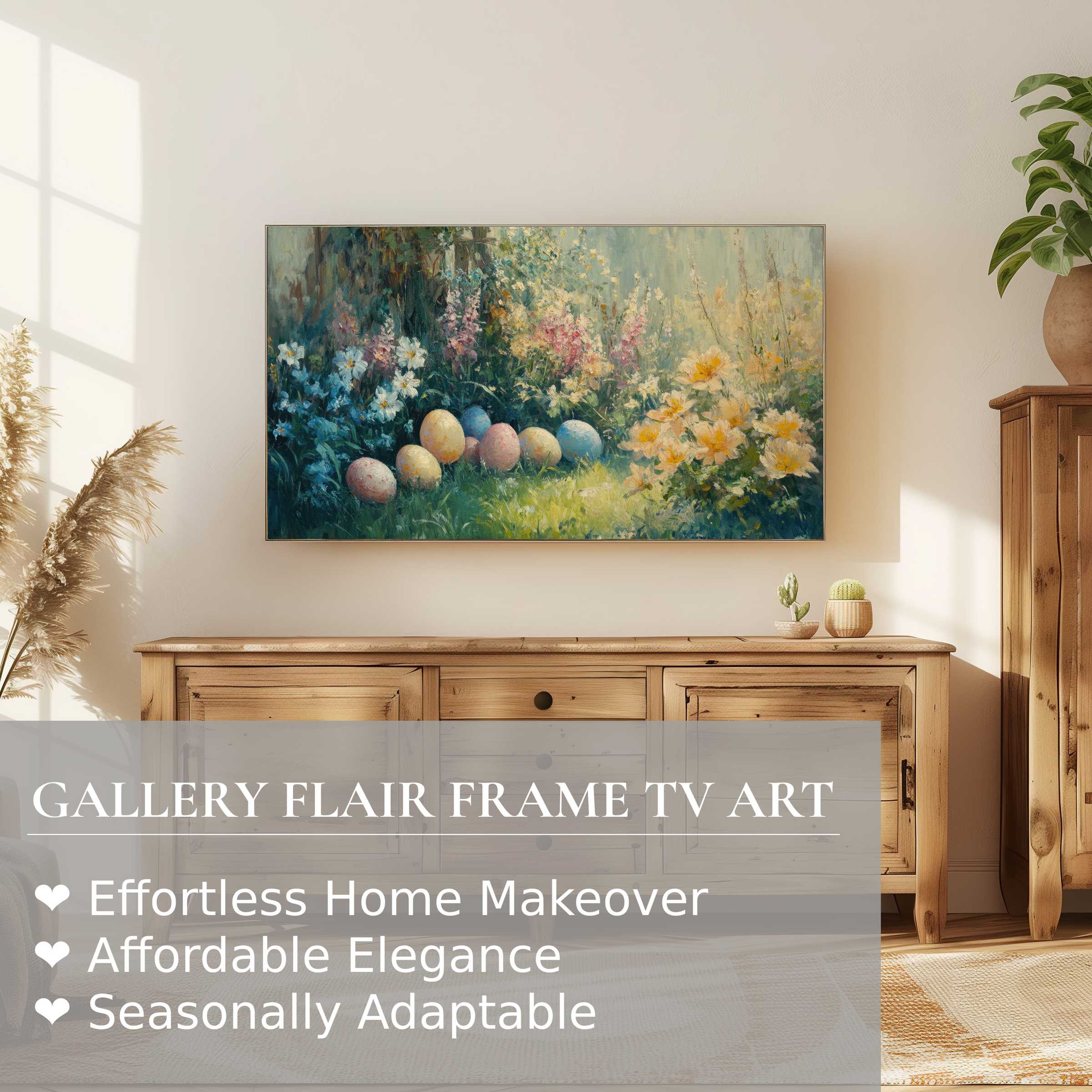Elegant Samsung Frame TV displaying serene easter digital artwork with pastel eggs and floral garden in modern decor