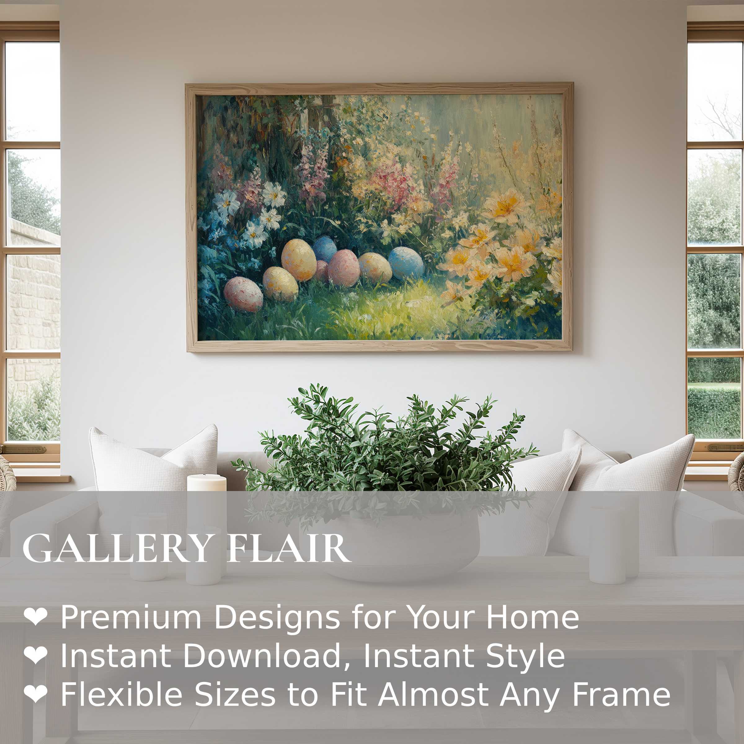 Easter wall art print featuring soft pastel eggs nestled in lush spring blooms, enhancing serene, modern farmhouse living spaces