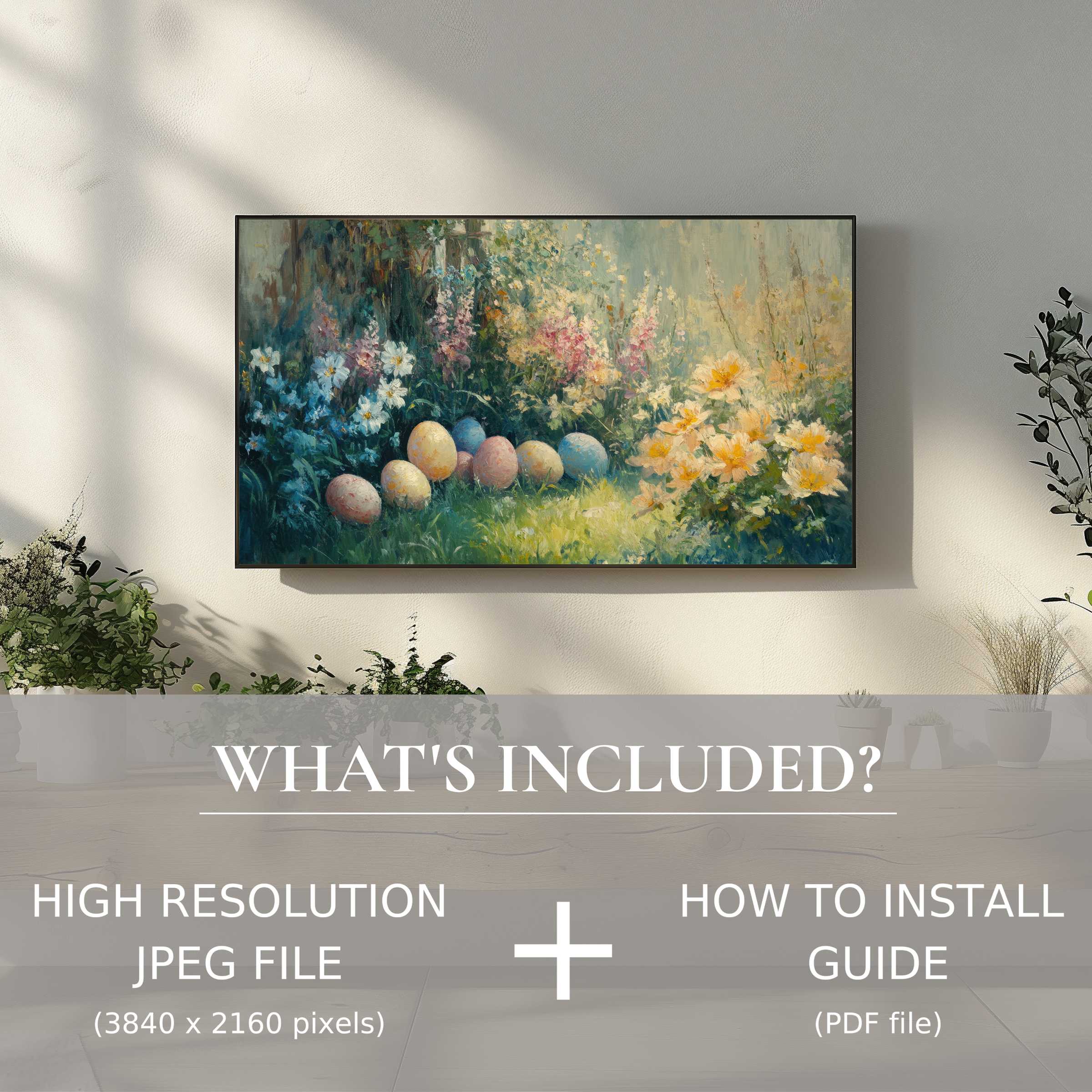 Elegant easter digital TV art download in a serene room, easy use enhances living spaces with vibrant floral charm