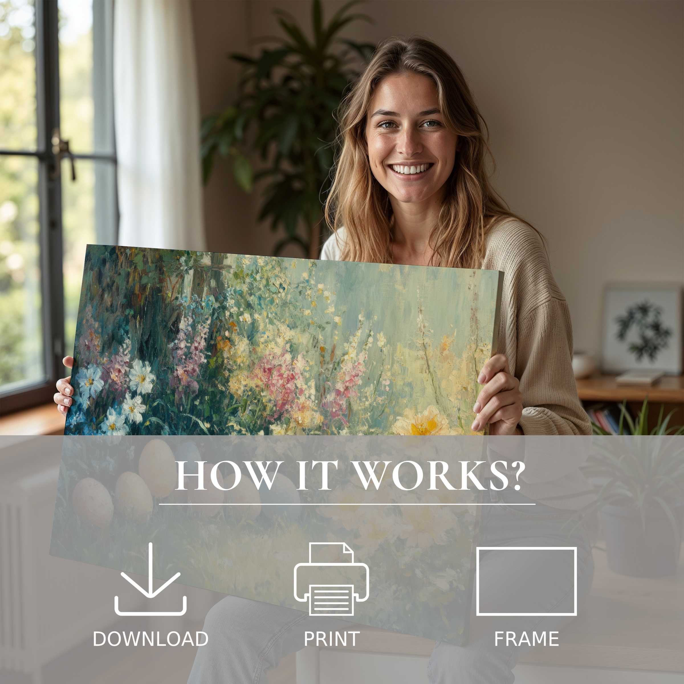 Elegant easter digital art print brings serene floral beauty into a chic modern home, elevating everyday moments with effortless grace