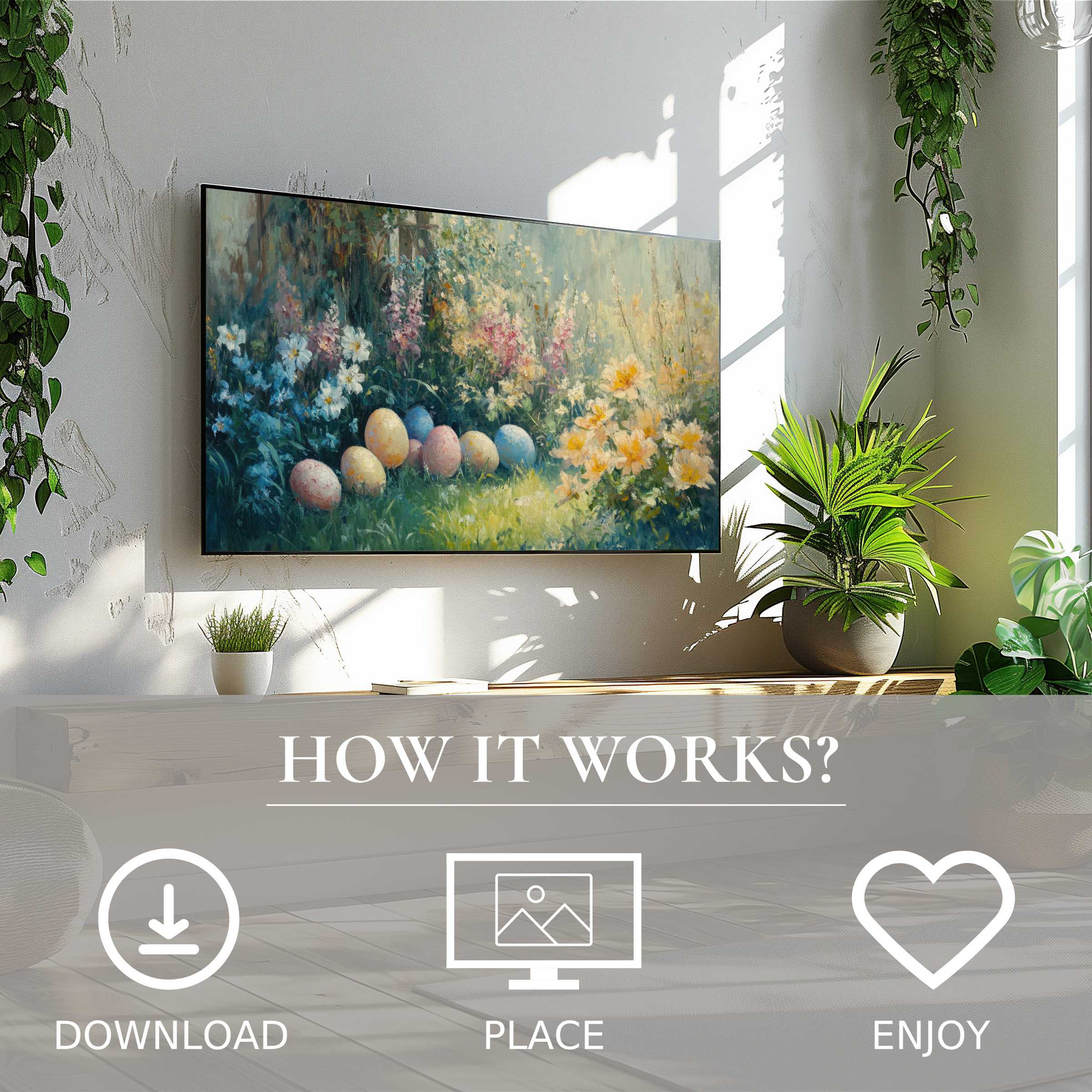Elegant living room with easter art for Samsung TV, soft pastel eggs and floral motifs, easy digital download decor