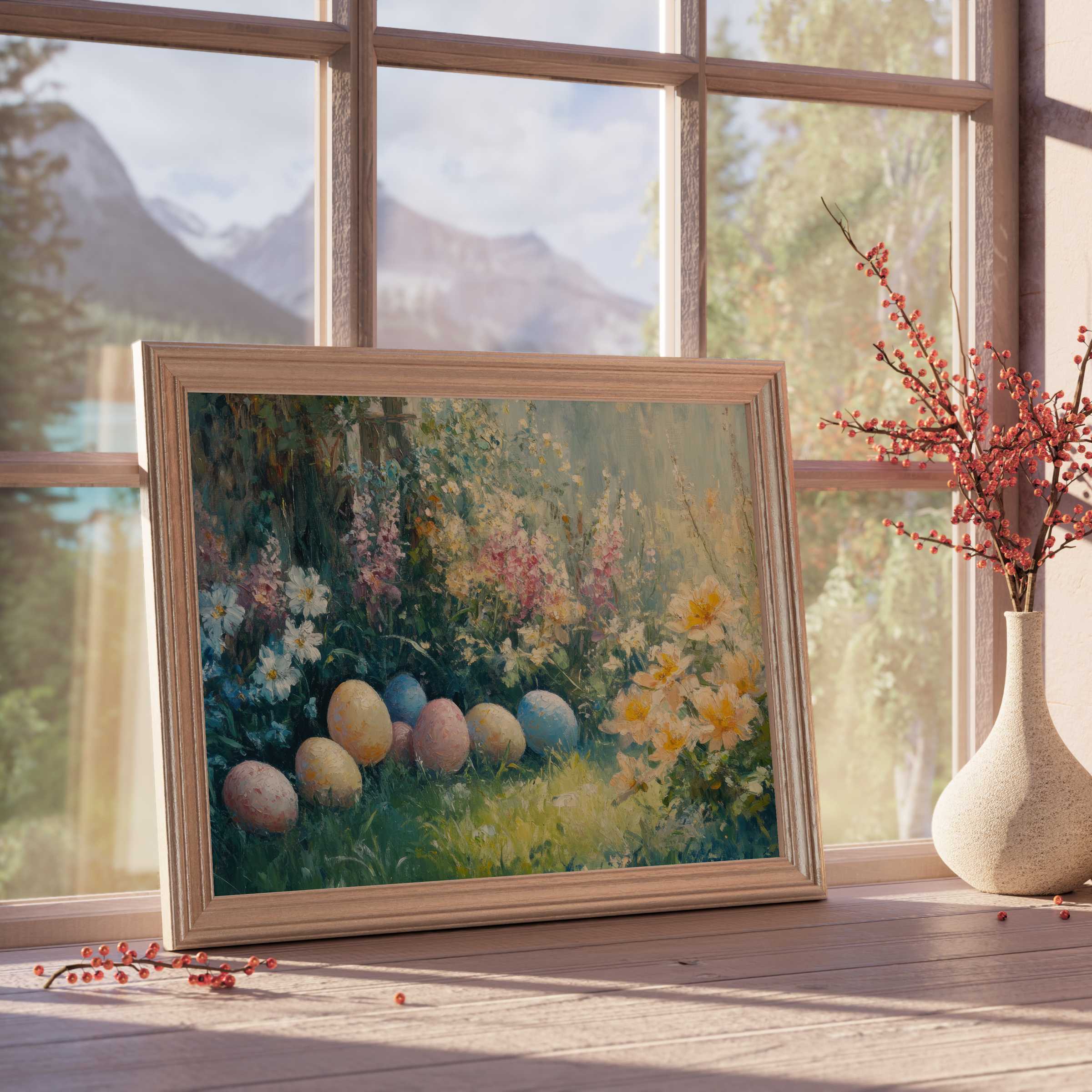 Easter downloadable art featuring soft pastel eggs nestled in blooming garden florals, enhancing serene, curated interiors
