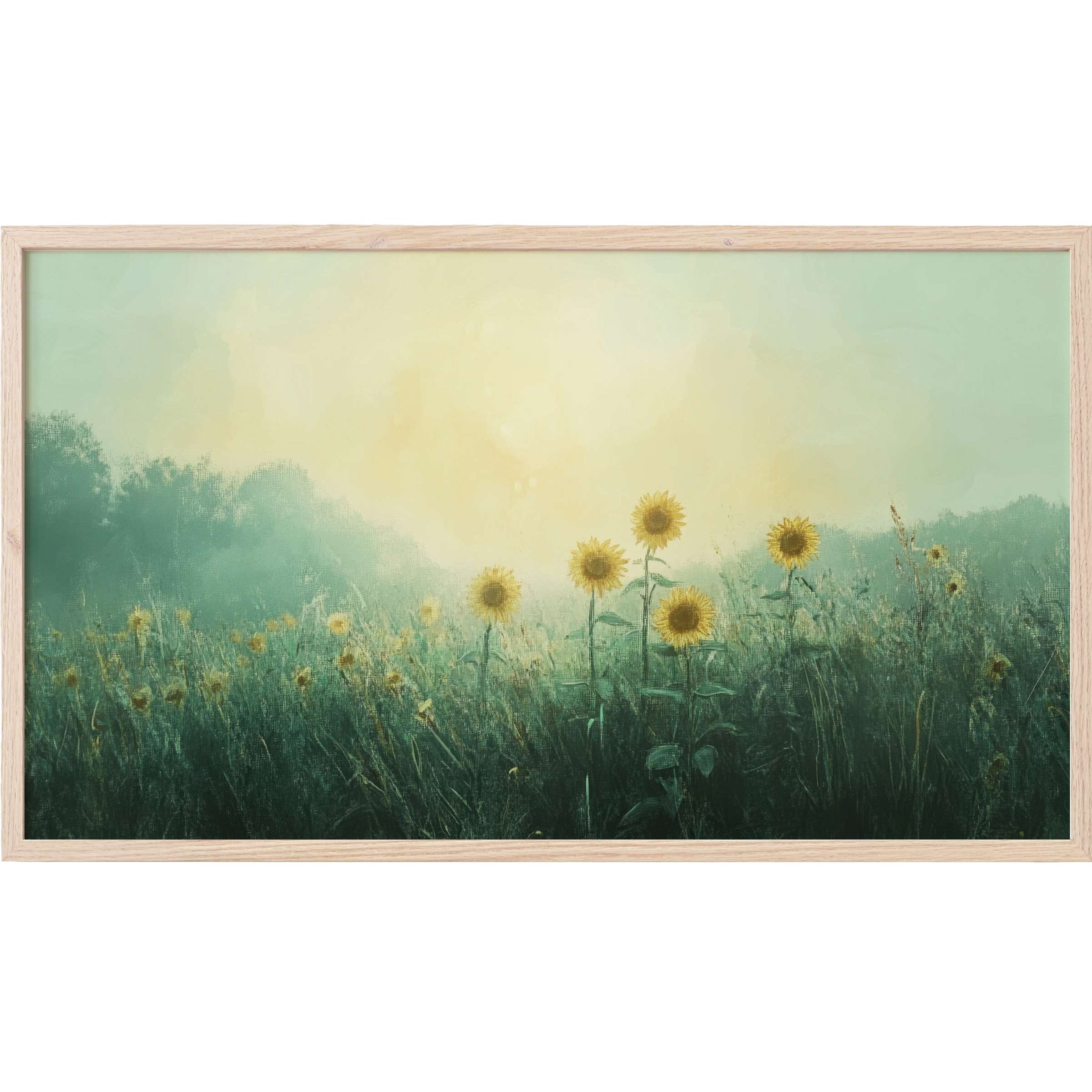 Vintage Frame TV Art depicting sunflowers in soft green and yellow hues with a dreamy, textured impressionist style