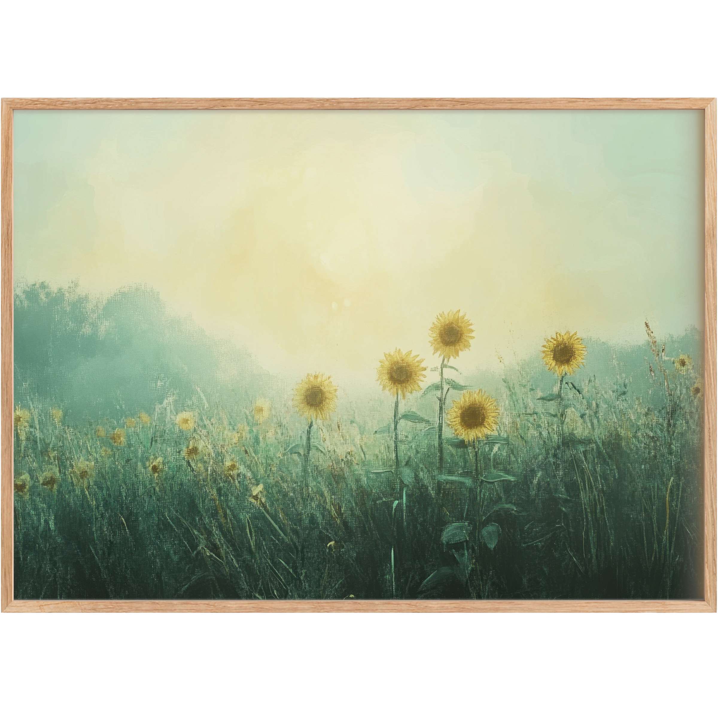 Vintage printable wall art featuring golden sunflowers basking in soft, misty light, evoking a serene, nostalgic ambiance