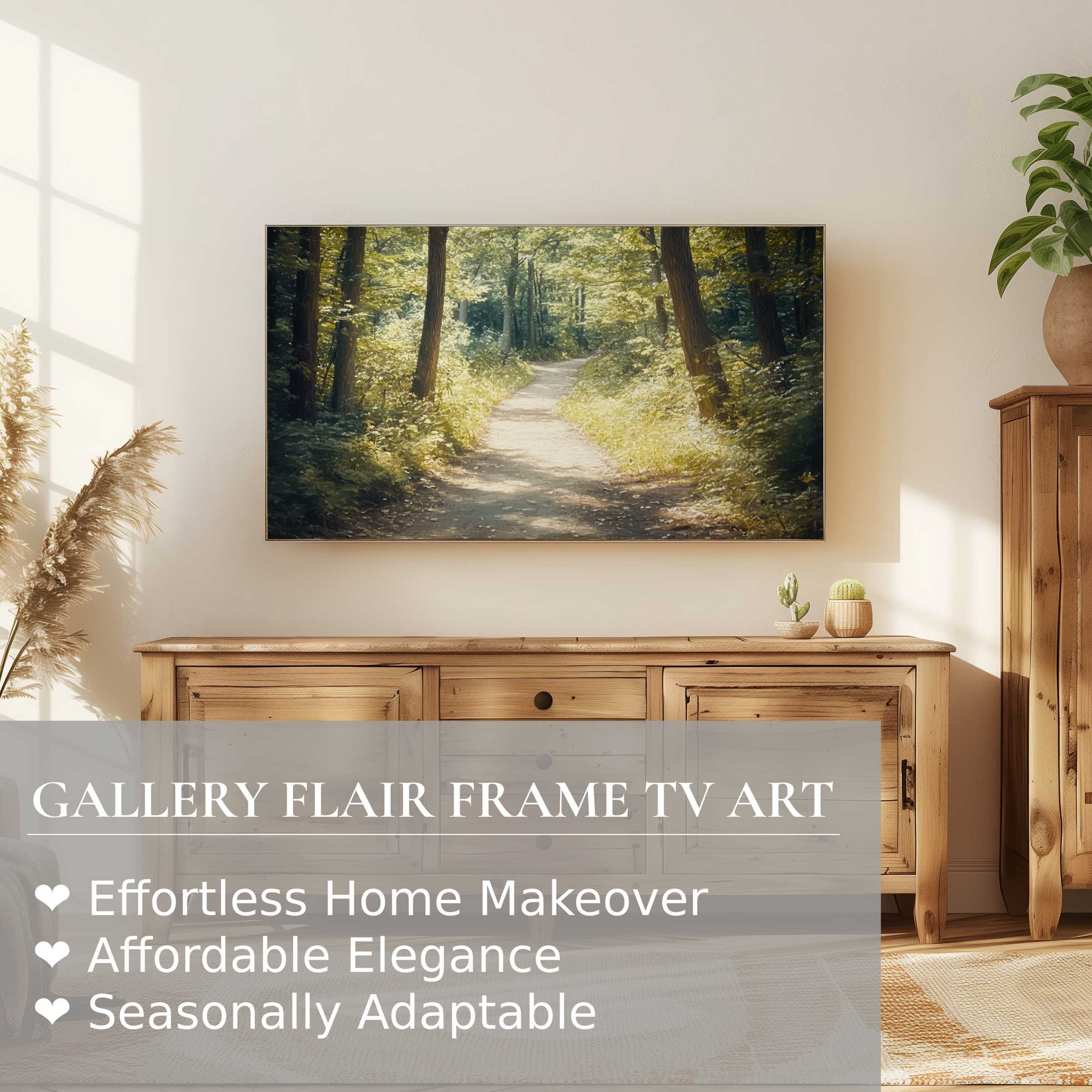 Samsung Frame TV displays serene summer digital artwork of a sunlit forest path in a chic, natural home setting