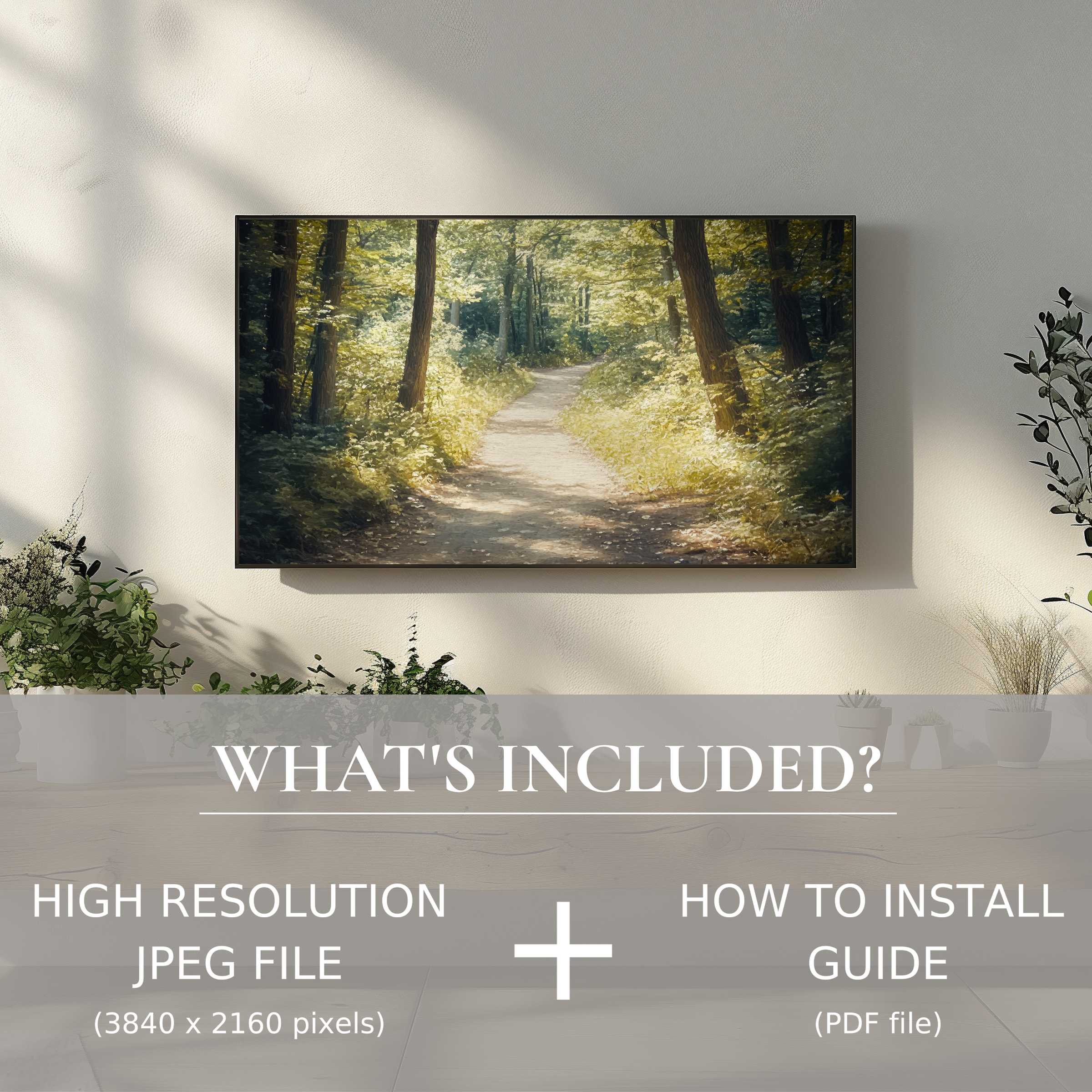 Modern living room with summer digital TV art download, easy use, enhancing space with serene nature imagery