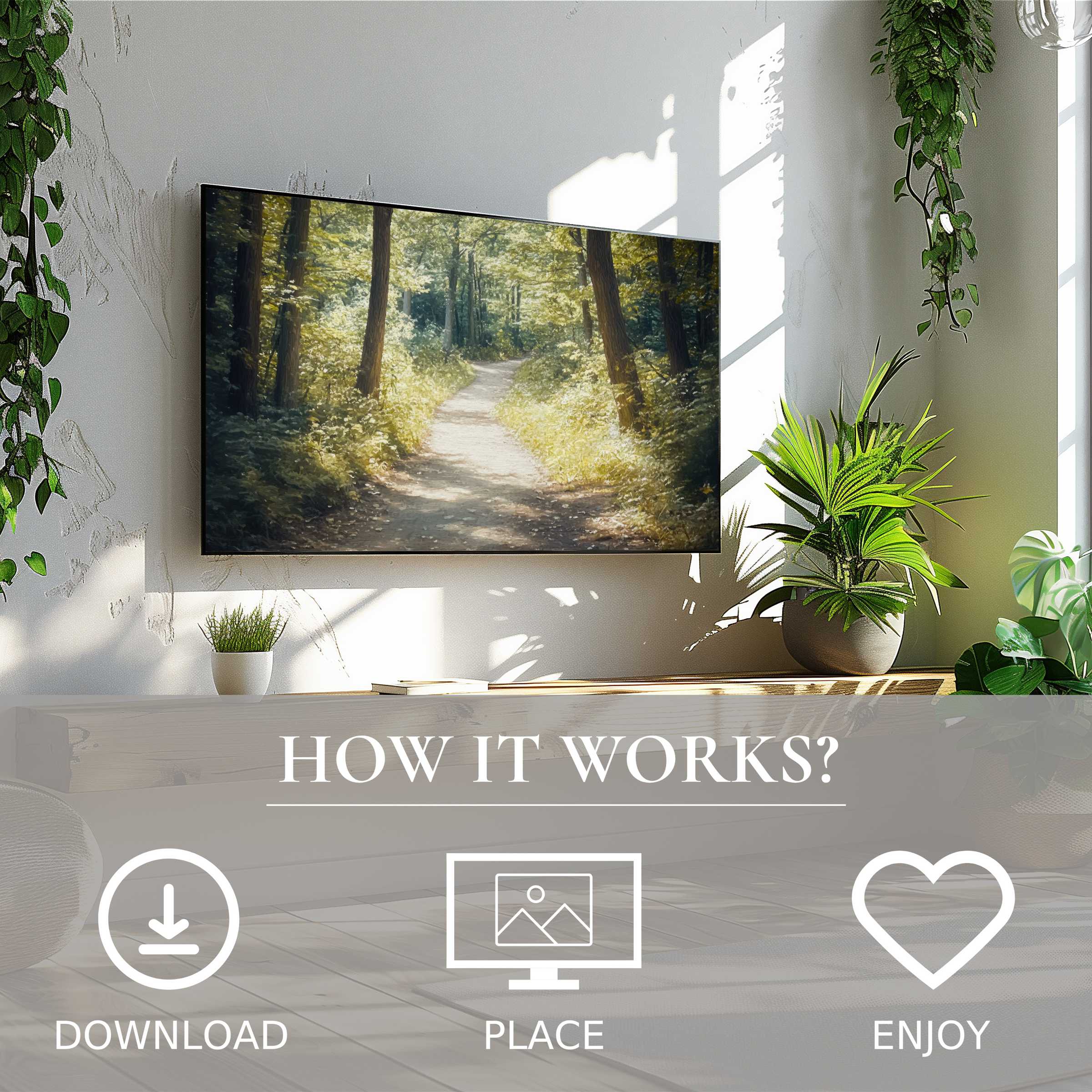Modern living room with summer art for Samsung TV showcasing a sunlit forest path Easy digital download enriches space