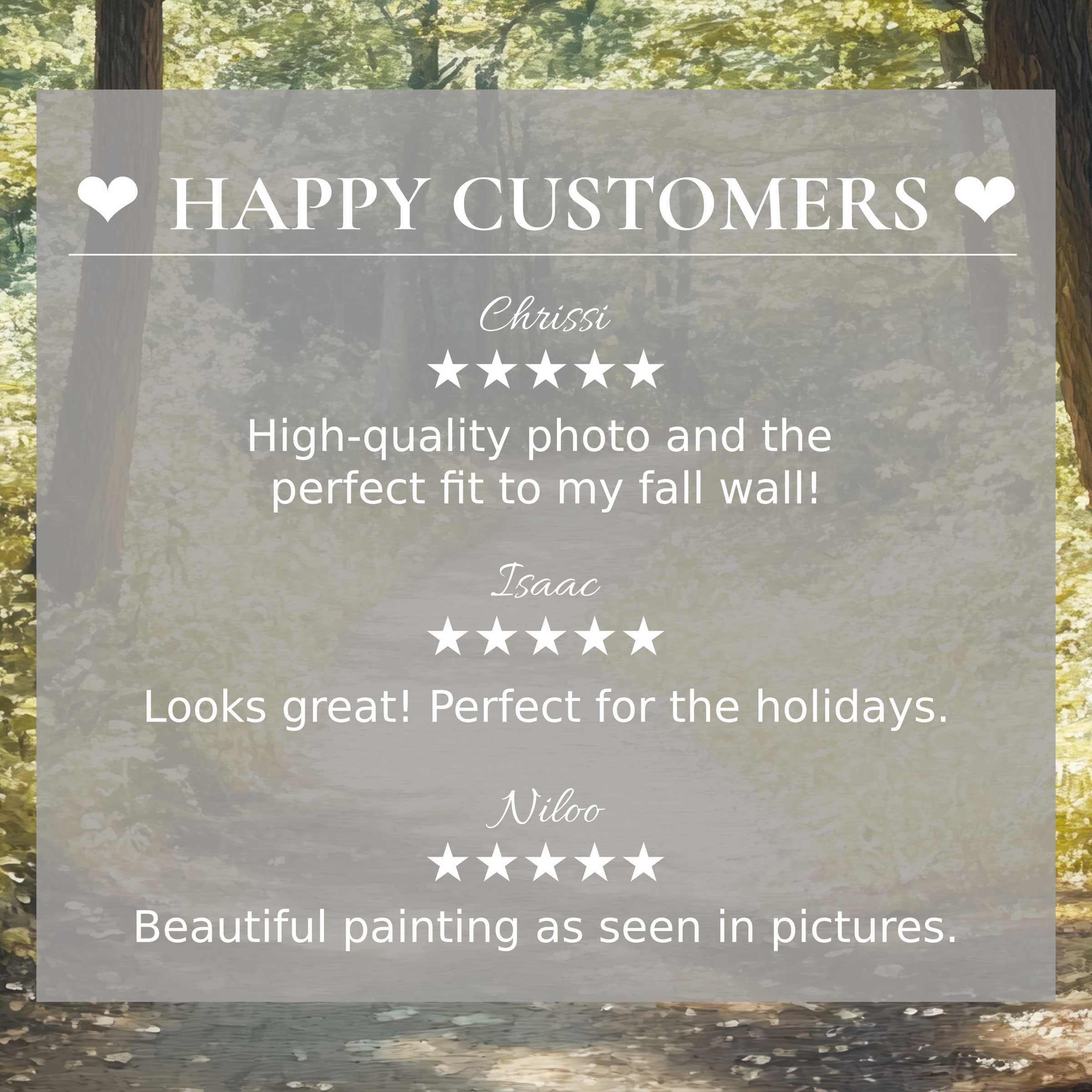 Summer art for Frame TV with abstract forest in muted autumn tones, showcasing happy customer reviews and elegant design