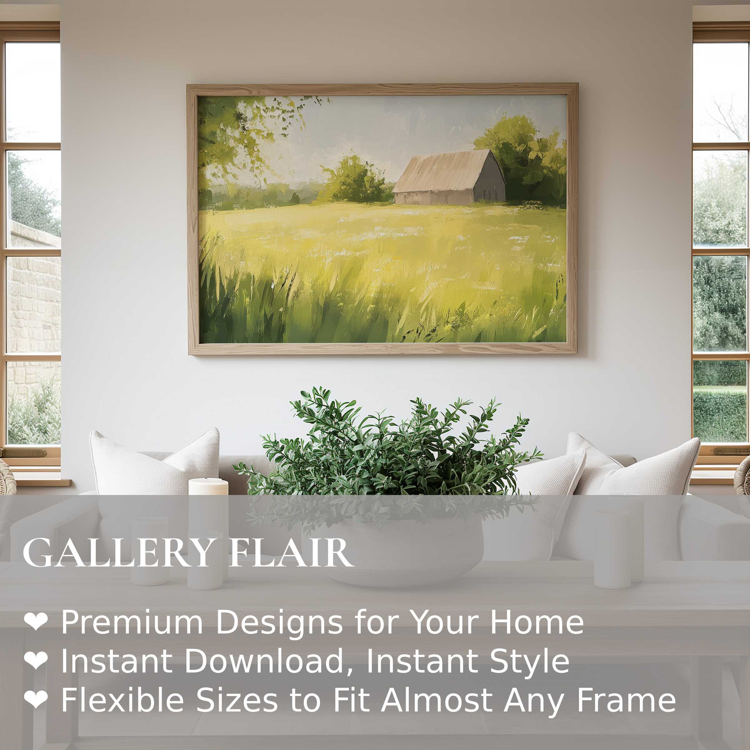 Farmhouse wall art print of serene golden fields and rustic barn, enhancing modern farmhouse interiors with warm, calming charm and natural elegance