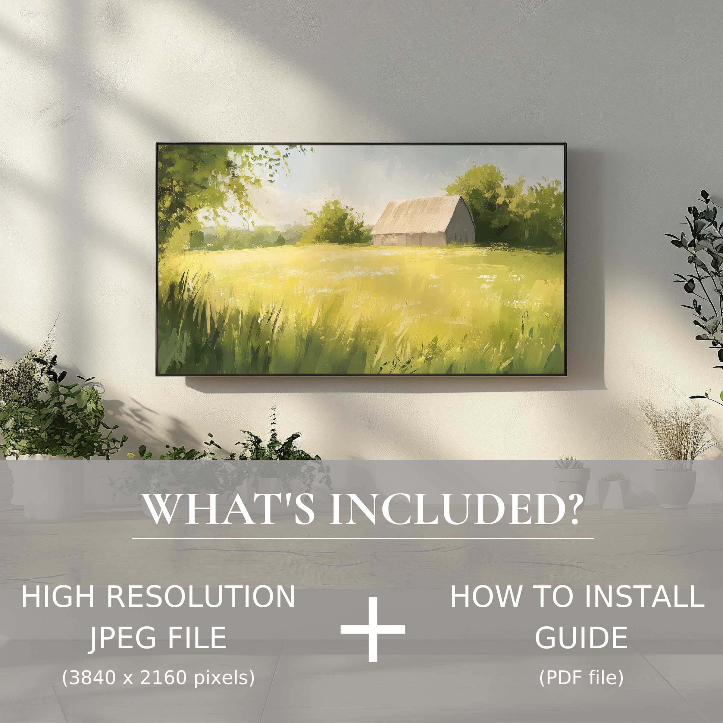 Elegant farmhouse digital TV art download with easy digital use, enhancing stylish living spaces with serene countryside charm
