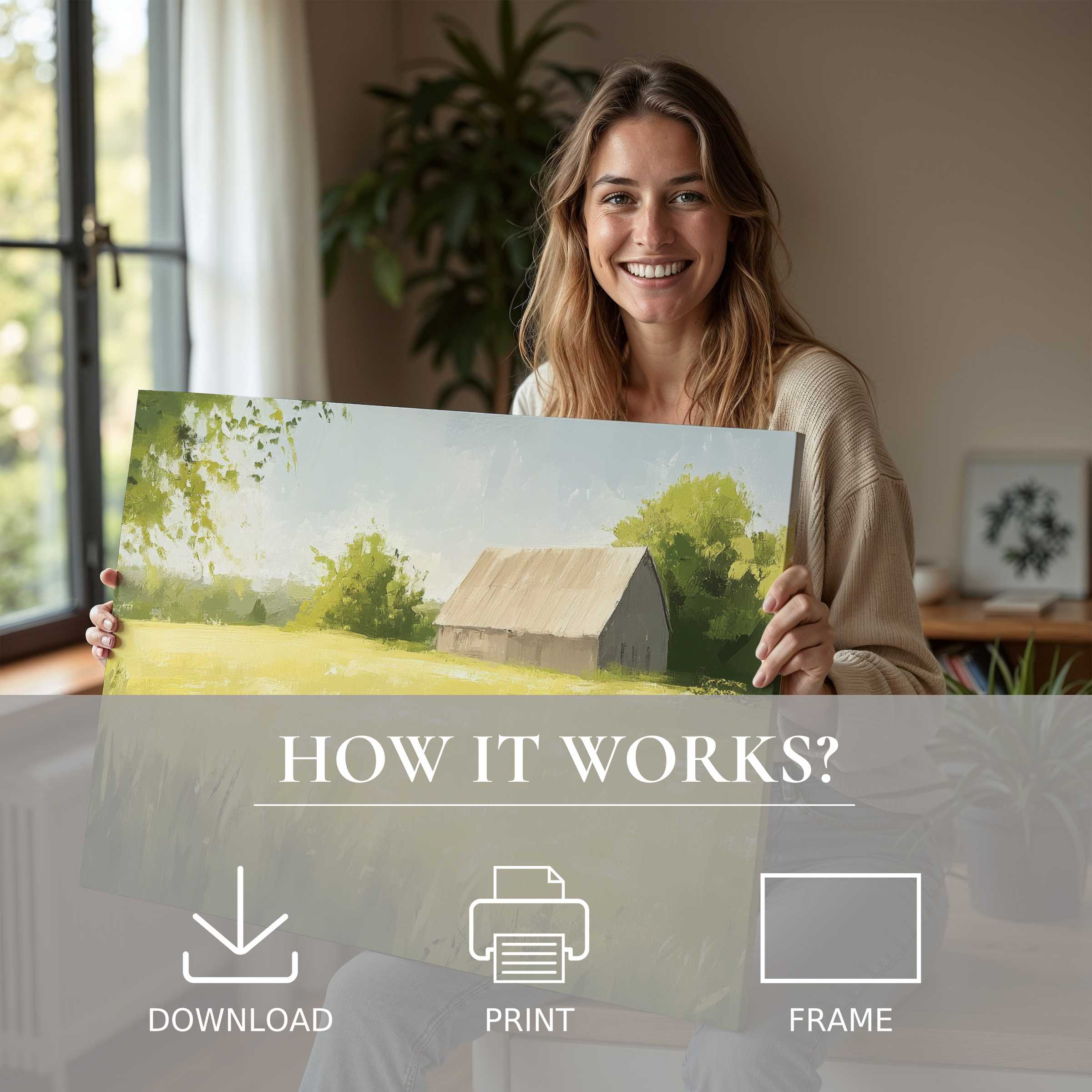 Joyful woman in a sunlit modern home reveals serene farmhouse digital art print, embracing effortless beauty and warmth